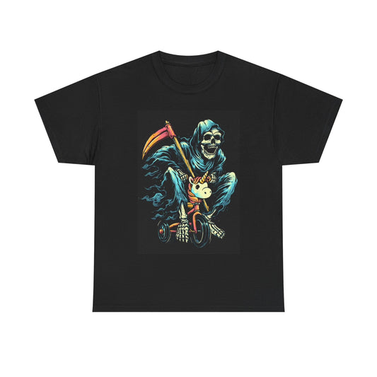Grim Reaper Unicorn On Bike Shirt Funny Graphic Unisex Heavy Cotton Tee