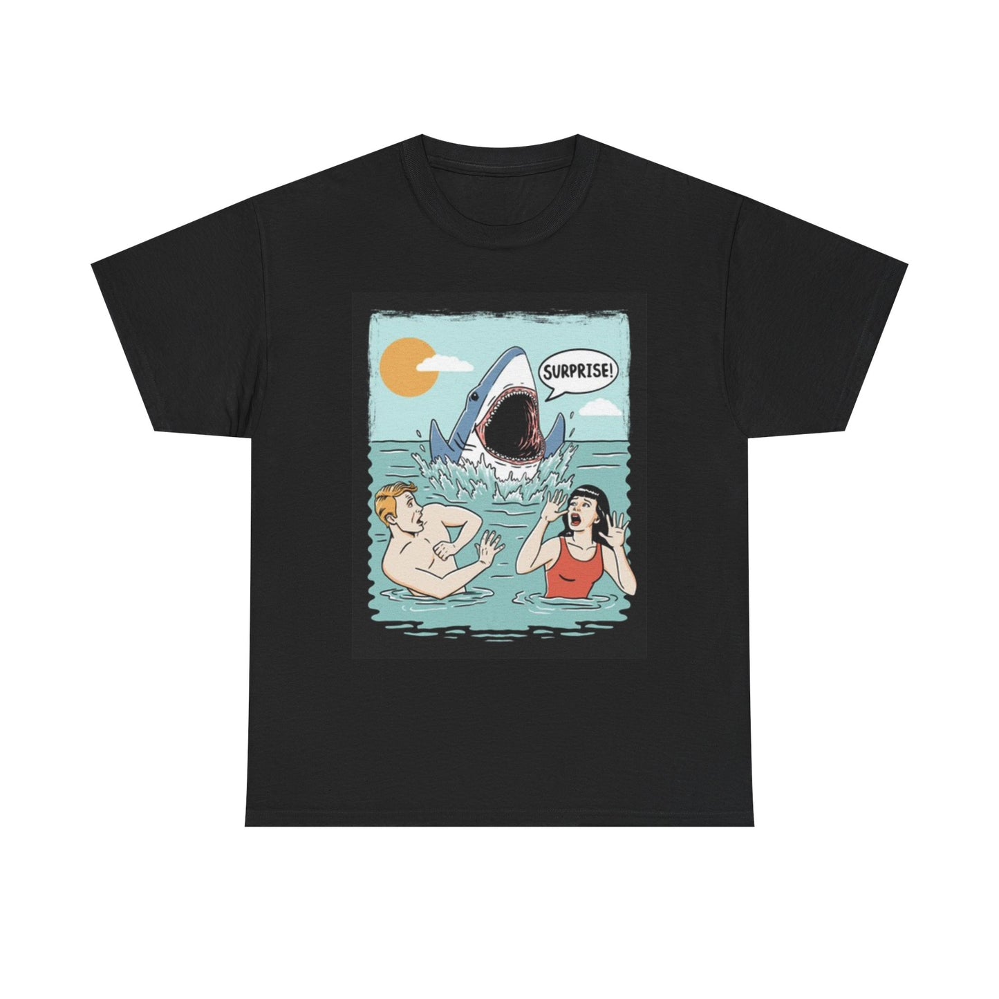 Shark Surprise Graphic T Shirt Funny Cartoon Retro Art Unisex Heavy Cotton Tee