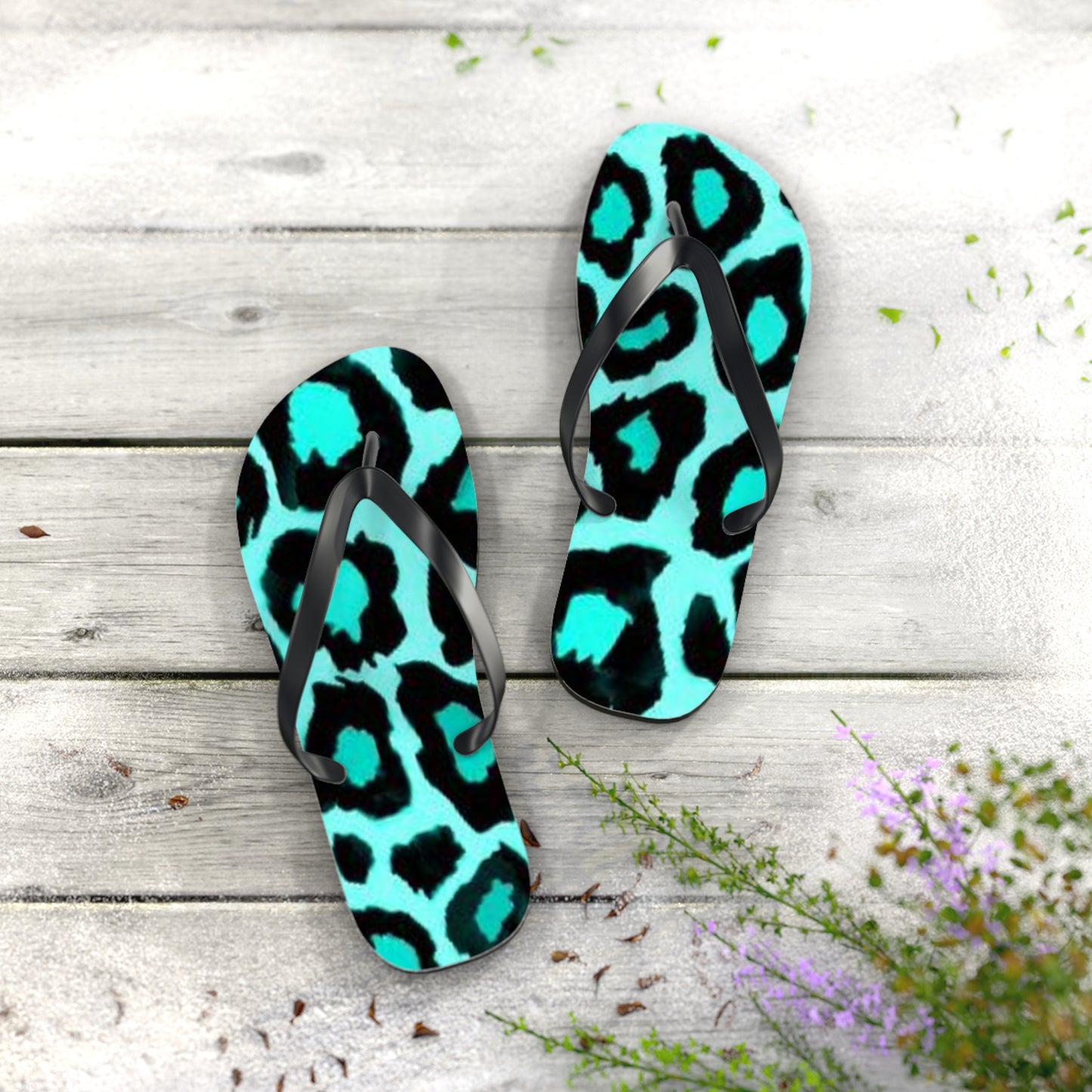 Turquoise Cheetah Beach Sandals, Slides for Summer, Flip Flops, Water Resistant