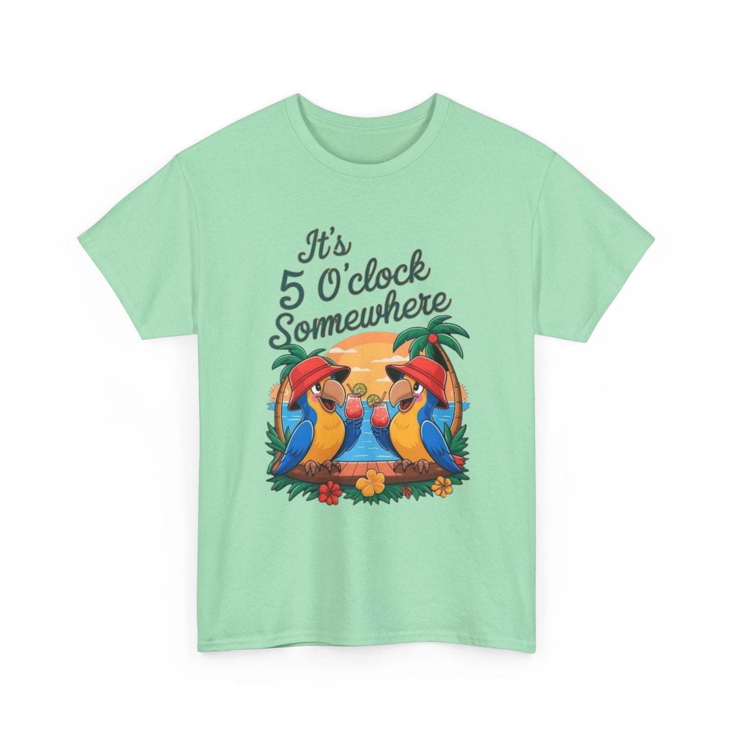 Its Five O'clock Somewhere Parrot Head Graphic T-Shirt Unisex Heavy Cotton Tee
