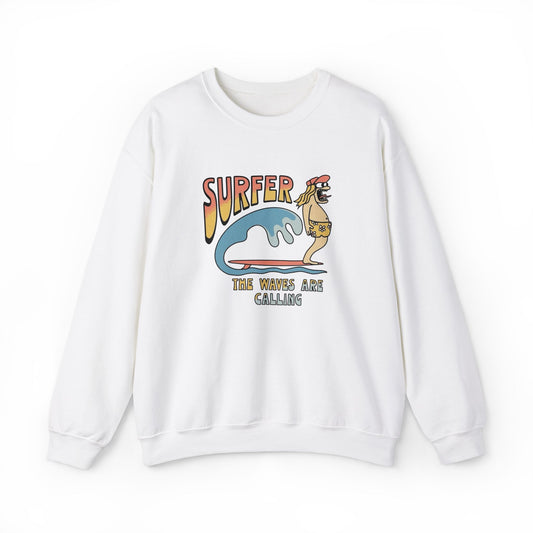 Surfer The Waves Are Calling Sweatshirt Men's Adult Crewneck