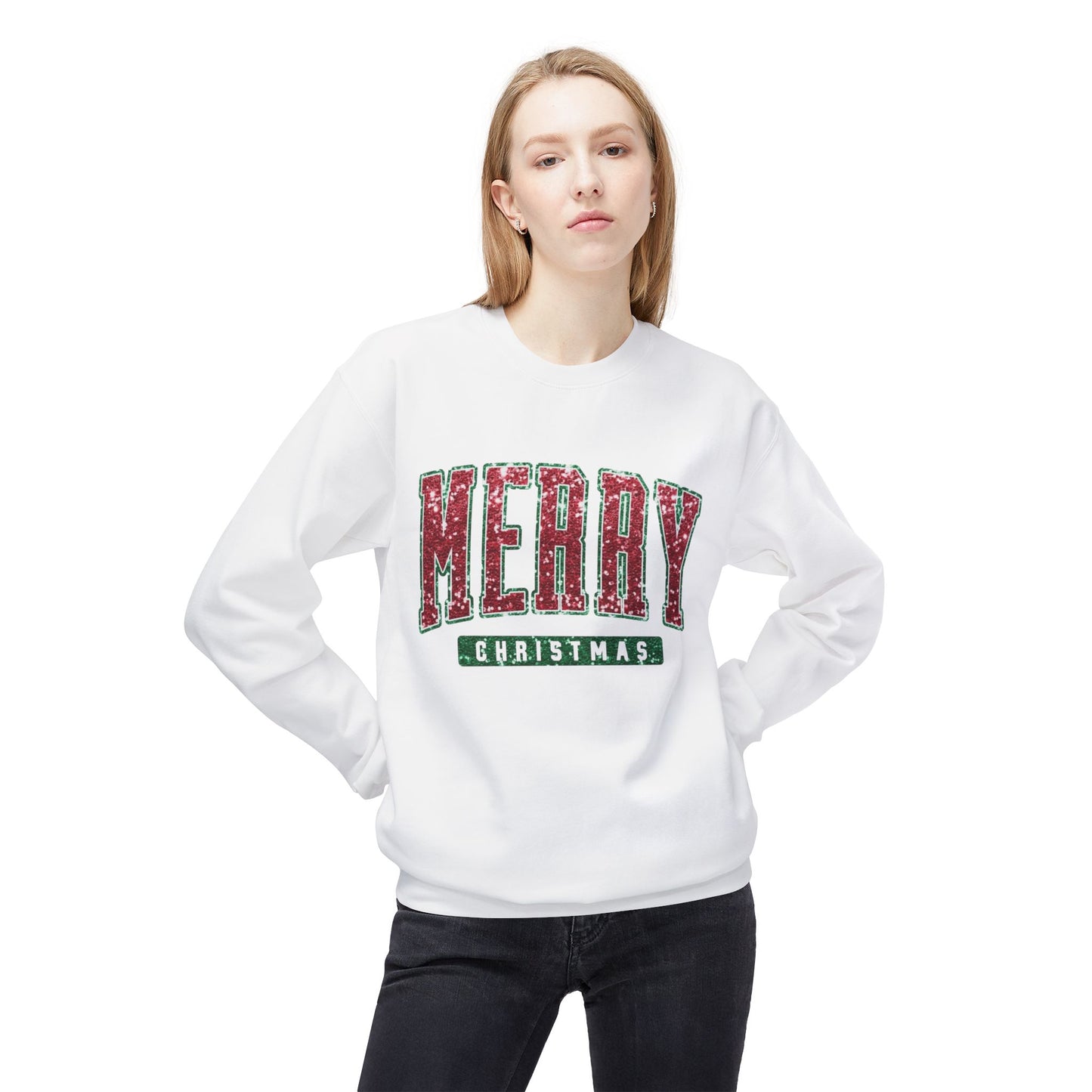 Merry Christmas Glitter Graphic Sweater NEW Unisex Fleece Crewneck Sweatshirt