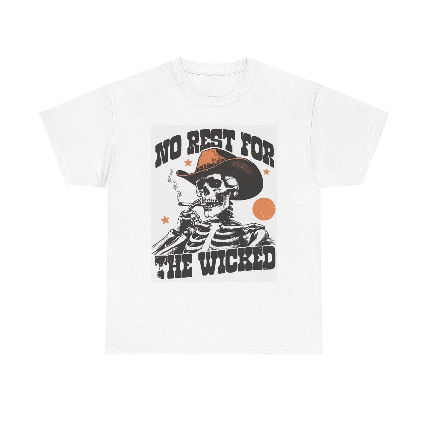 No Rest For The Wicked Graphic T Shirt Cowboy Skeleton Unisex Heavy Cotton Tee