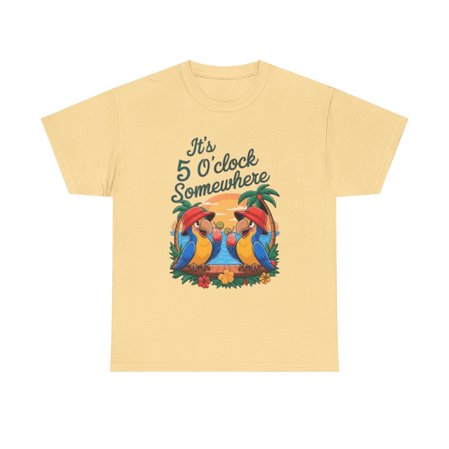 Its Five O'clock Somewhere Parrot Head Graphic T-Shirt Unisex Heavy Cotton Tee
