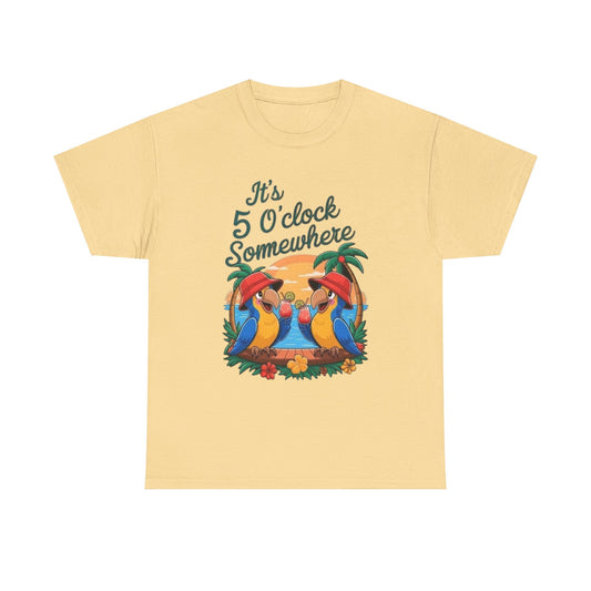 Its Five O'clock Somewhere Parrot Head Graphic T-Shirt Unisex Heavy Cotton Tee