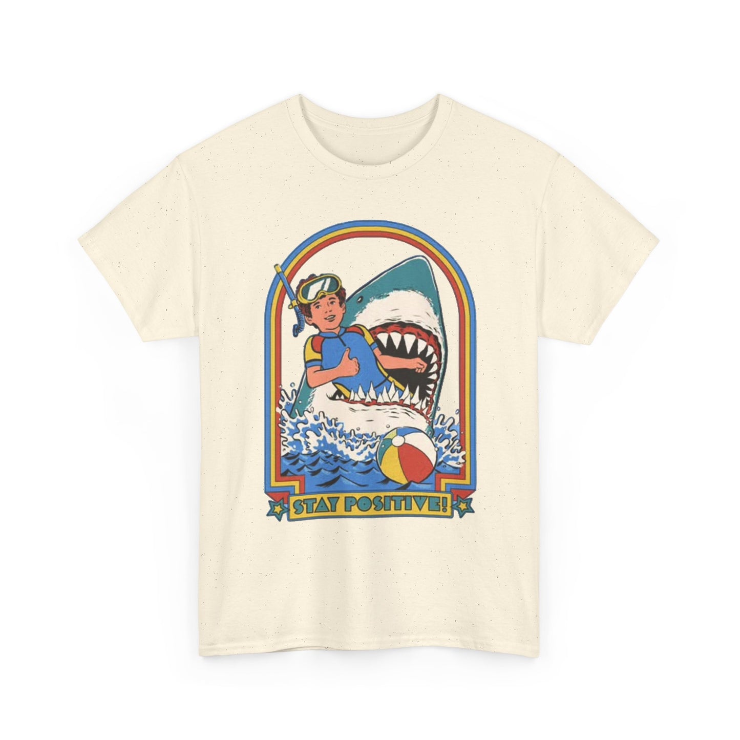 Stay Positive Funny Shark Attack Graphic T Shirt NEW Unisex Heavy Cotton Tee