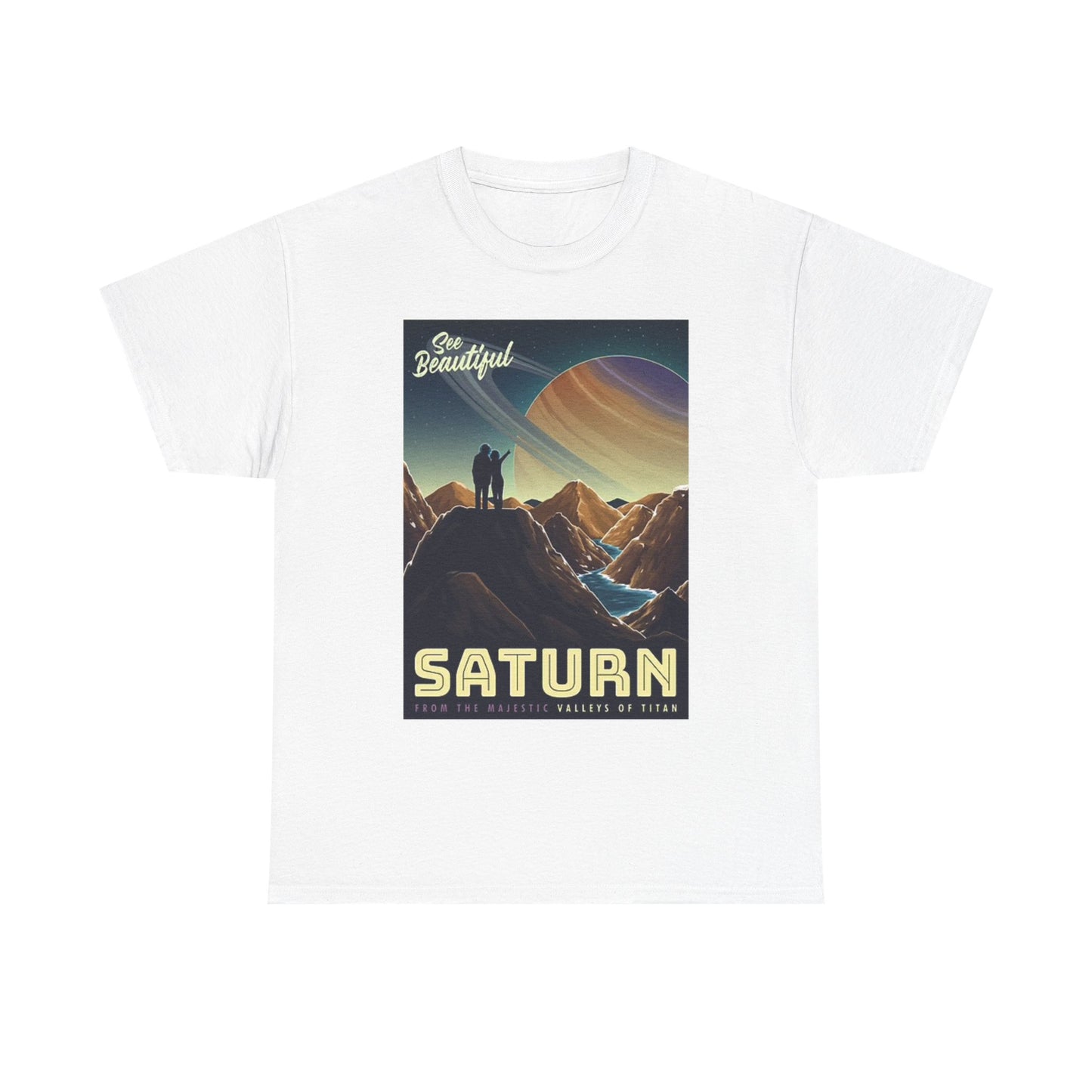 Saturn Space Graphic T Shirt Retro Outer Space Travel Unisex Heavy Cotton Tee