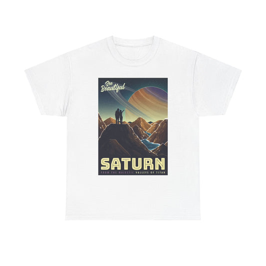 Saturn Space Graphic T Shirt Retro Outer Space Travel Unisex Heavy Cotton Tee
