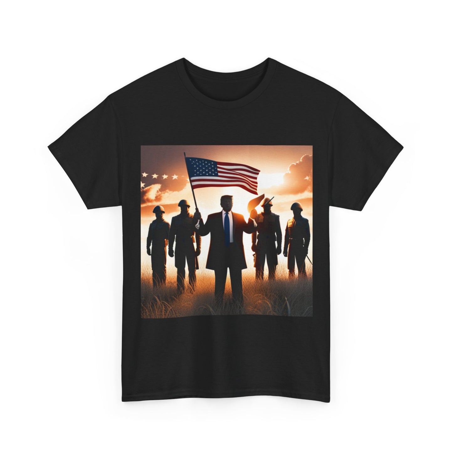 Trump Waving American Flag Military Tshirt Drawing Graphic Unisex Heavy Cotton