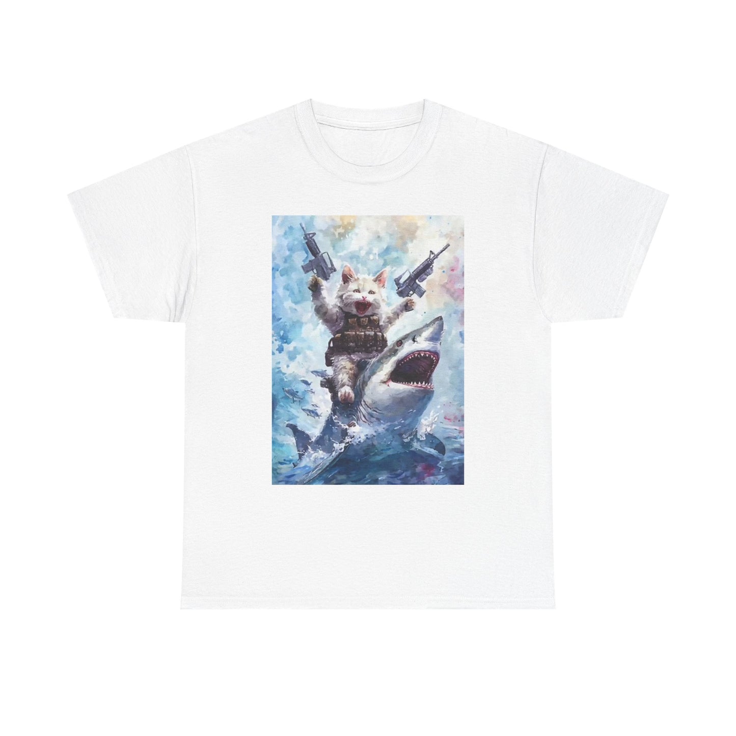 Gangster Kitty On Shark Graphic T Shirt Funny Unisex Heavy Cotton Tee
