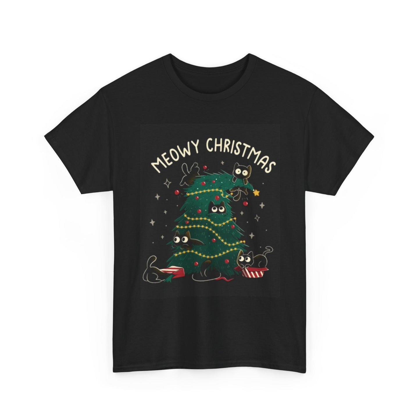 Meowy Graphic T Shirt Cat Christmas Unisex Heavy Cotton Tee