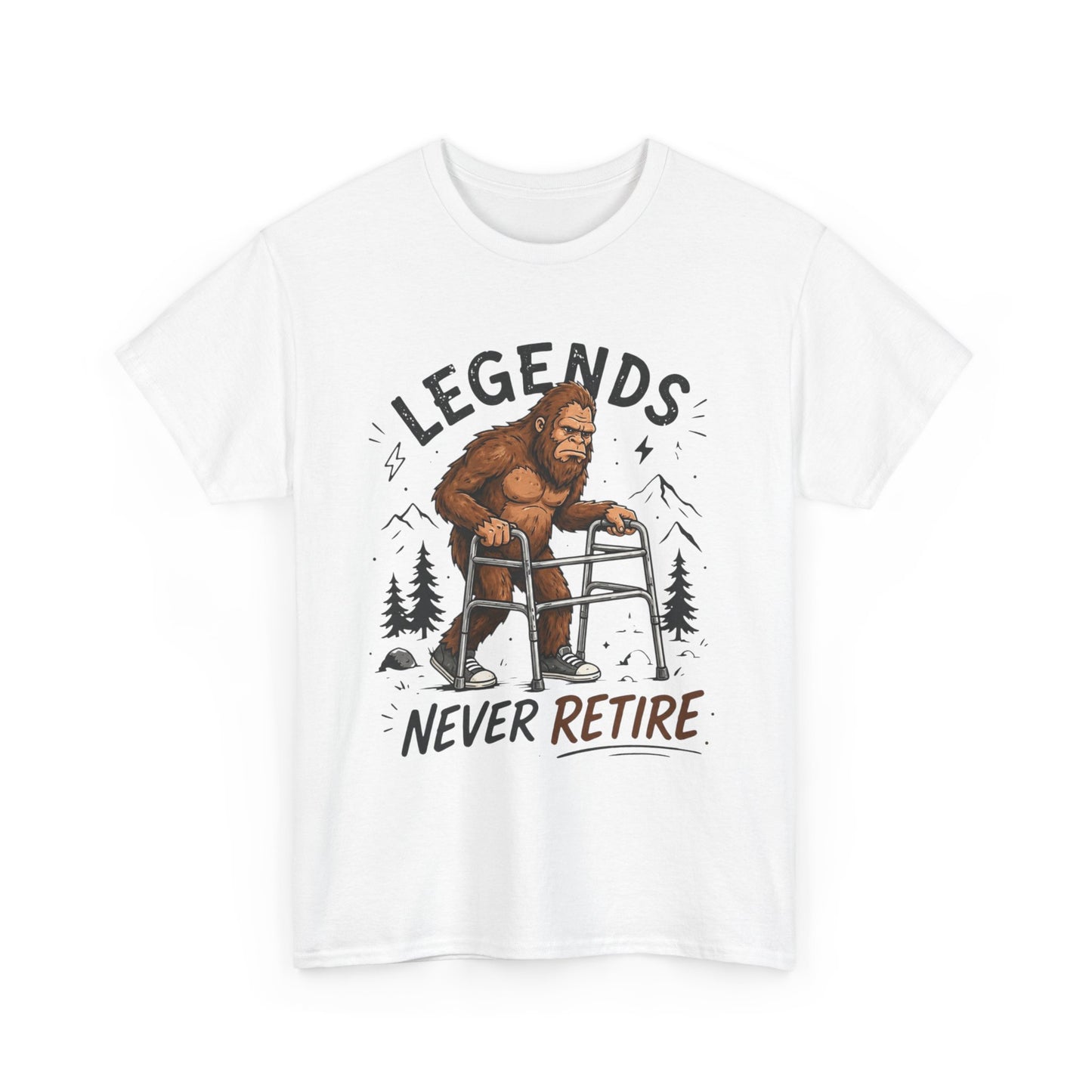 Bigfoot Legends Never Retire Graphic T Shirt Funny Men's Heavy Cotton Tee