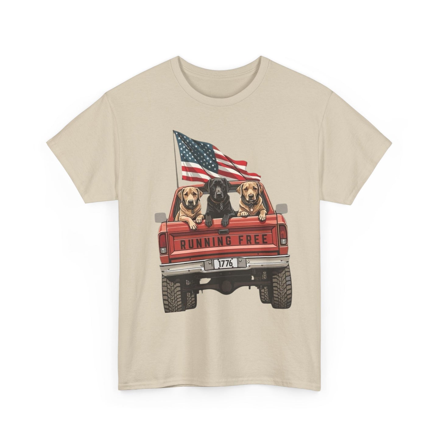 Running Free 1776 USA Dogs In Pickup Graphic T Shirt NEW Unisex Heavy Cotton Tee