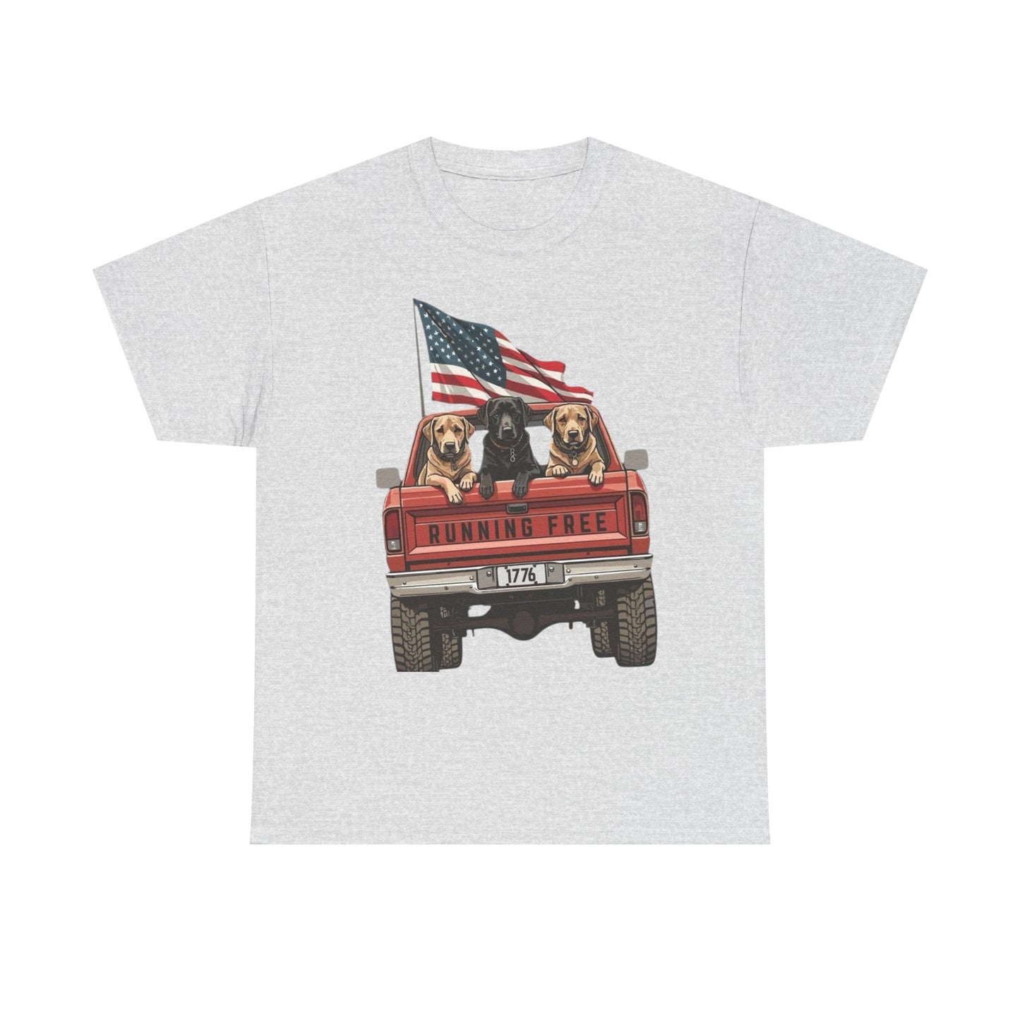 Running Free 1776 USA Dogs In Pickup Graphic T Shirt NEW Unisex Heavy Cotton Tee