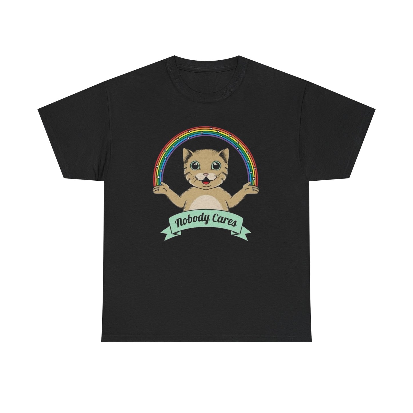 Nobody Cares Funny Cat Rainbow T Shirt Graphic Unisex Heavy Cotton Tee NEW GIFT