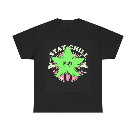 Stay Chill Tshirt Funny Cartoon weed leaf graphic Unisex Heavy Cotton Tee