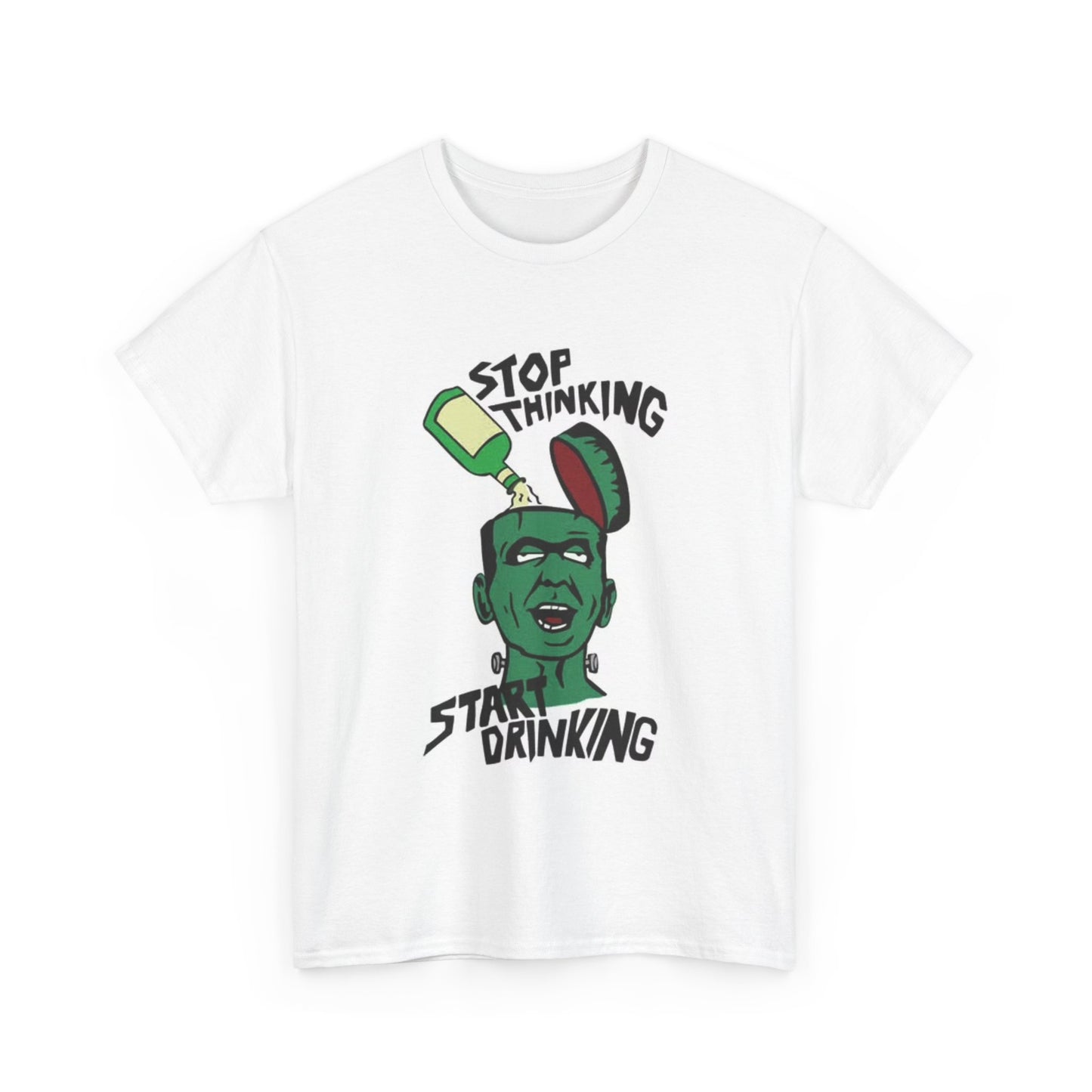 Stop Thinking Start Drinking Shirt Funny Skull Beers Unisex Heavy Cotton Tee