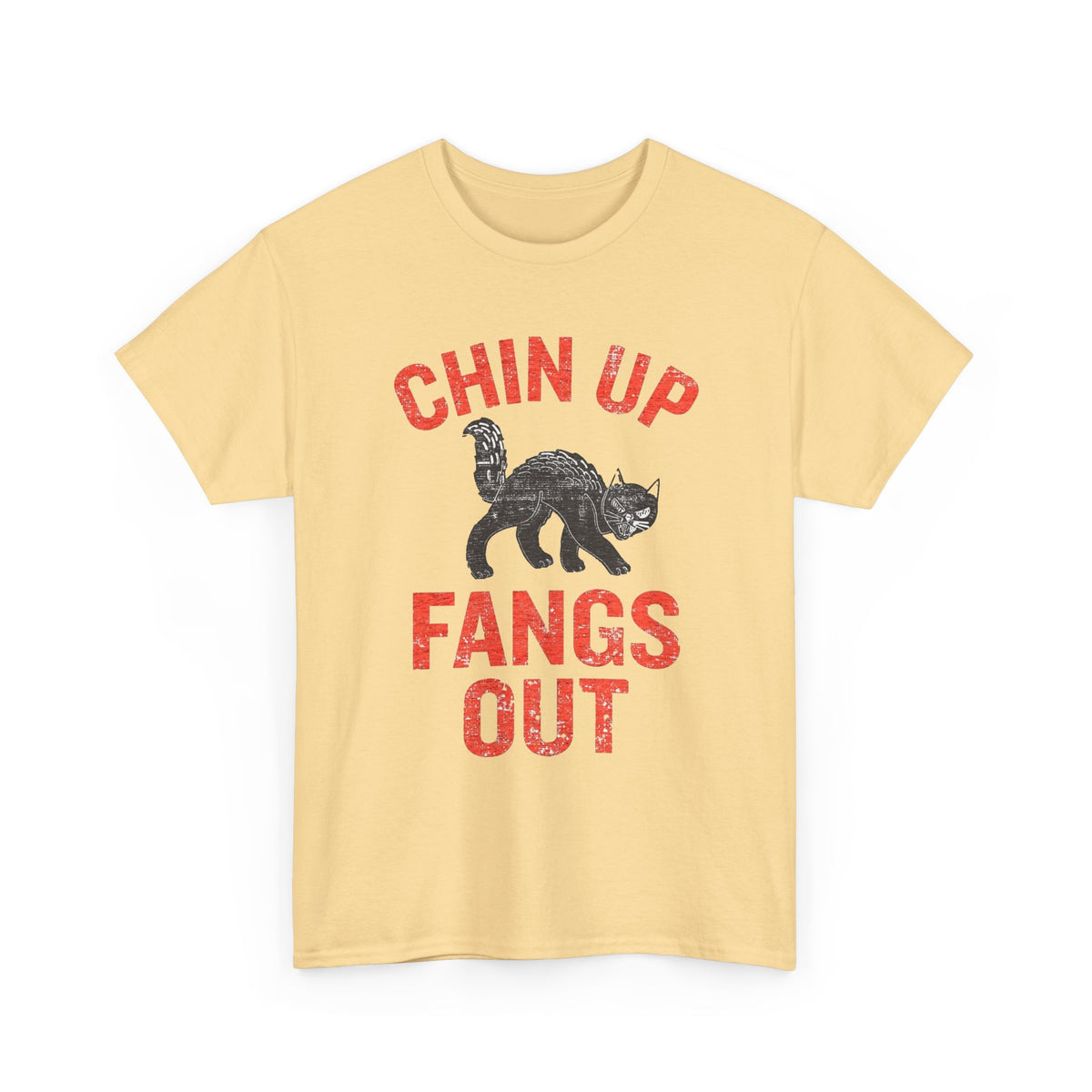 Chin Up Fangs Out Graphic T Shirt Men's Retro Cat Heavy Cotton Tee