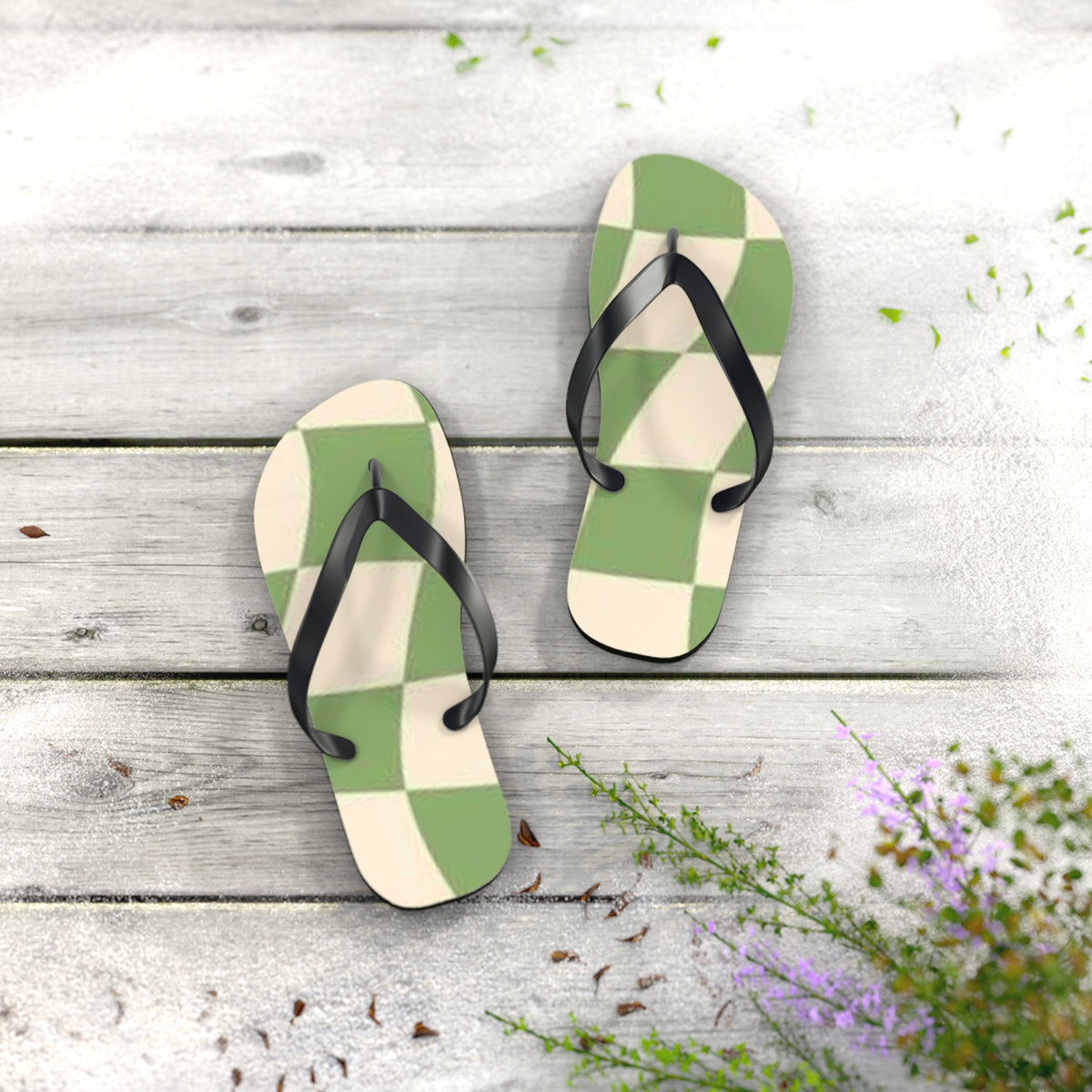 Checkered Wavy Green Sandals, Beach Shoes, Vacation Flip Flops, Pool Slides
