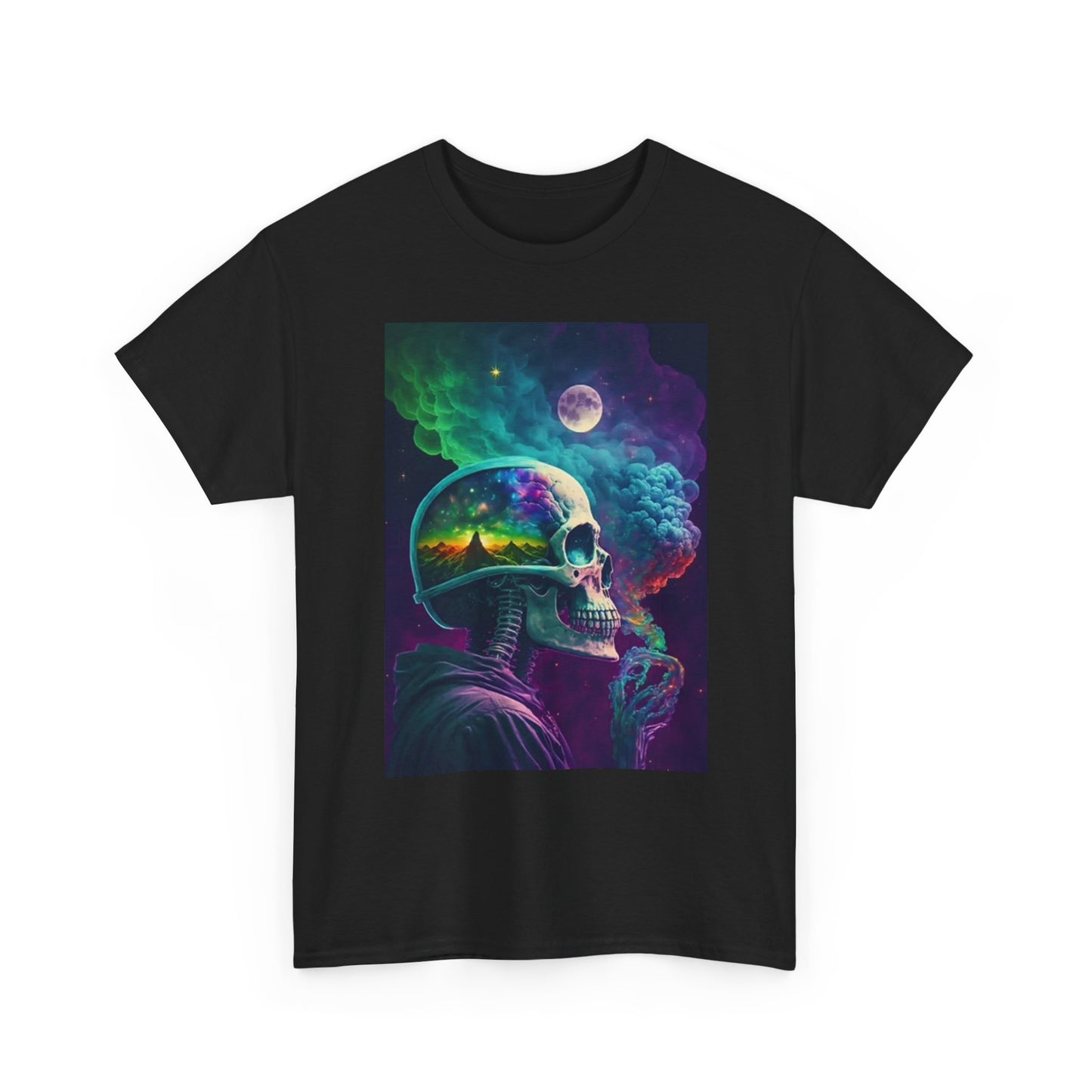 Skull Smoking Outer Space T Shirt Retro Neon Unisex Heavy Cotton Tee