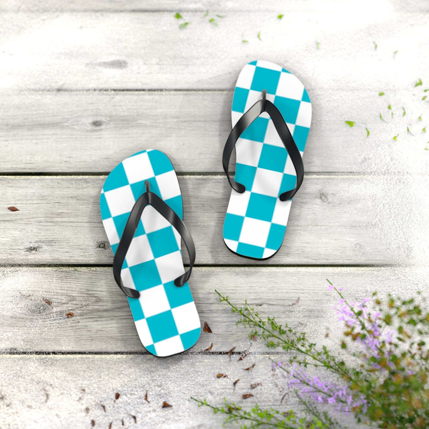 Turquoise Checkered  Sandals, Beach Shoes, Vacation Flip Flops, Pool Slides