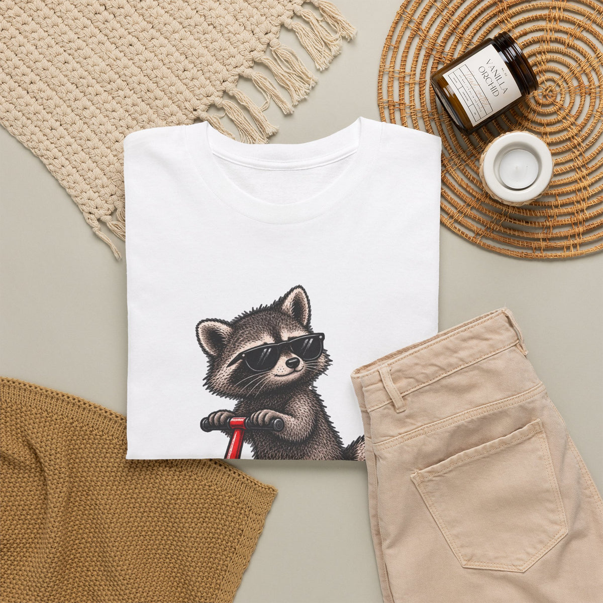 Raccoon Riding Scooter Off to Commit Tomfoolery T-Shirt Men's Graphic Tee