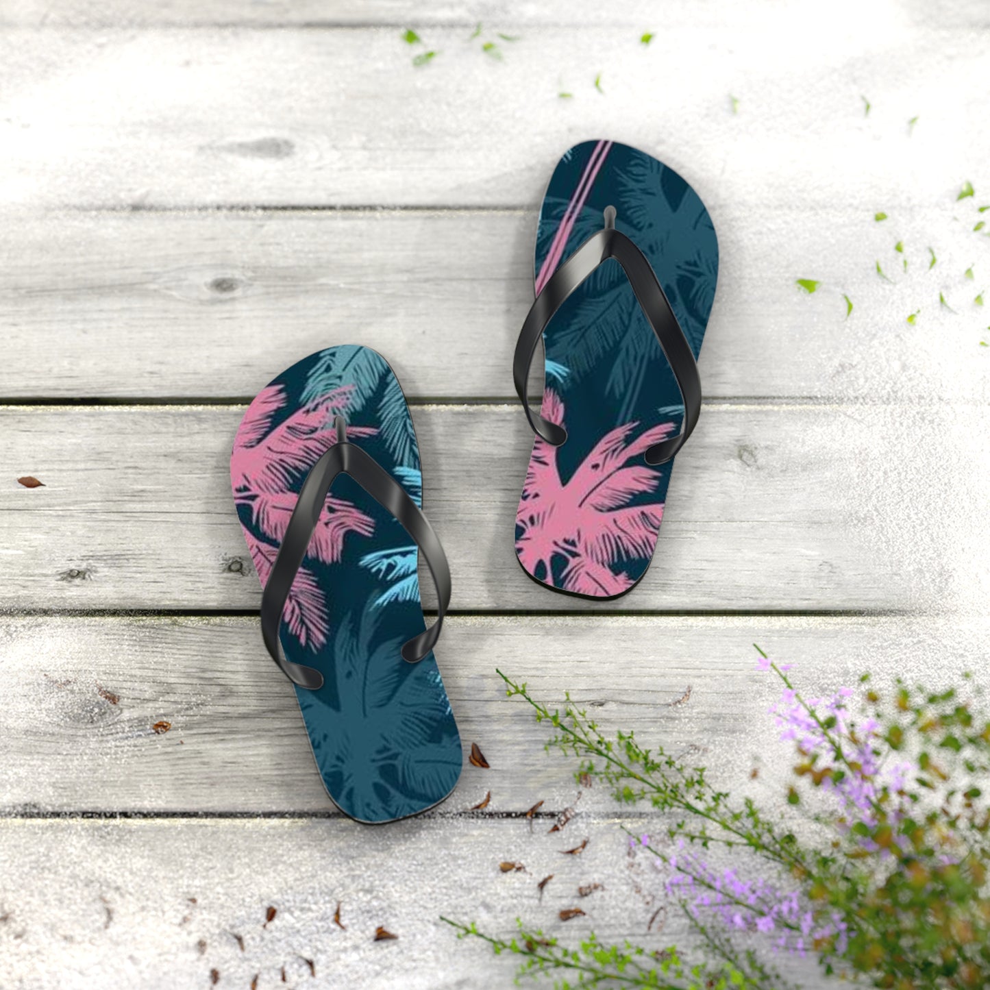 Pink And Blue Palm Trees Sandals Summer Flip Flops Slides BRAND NEW