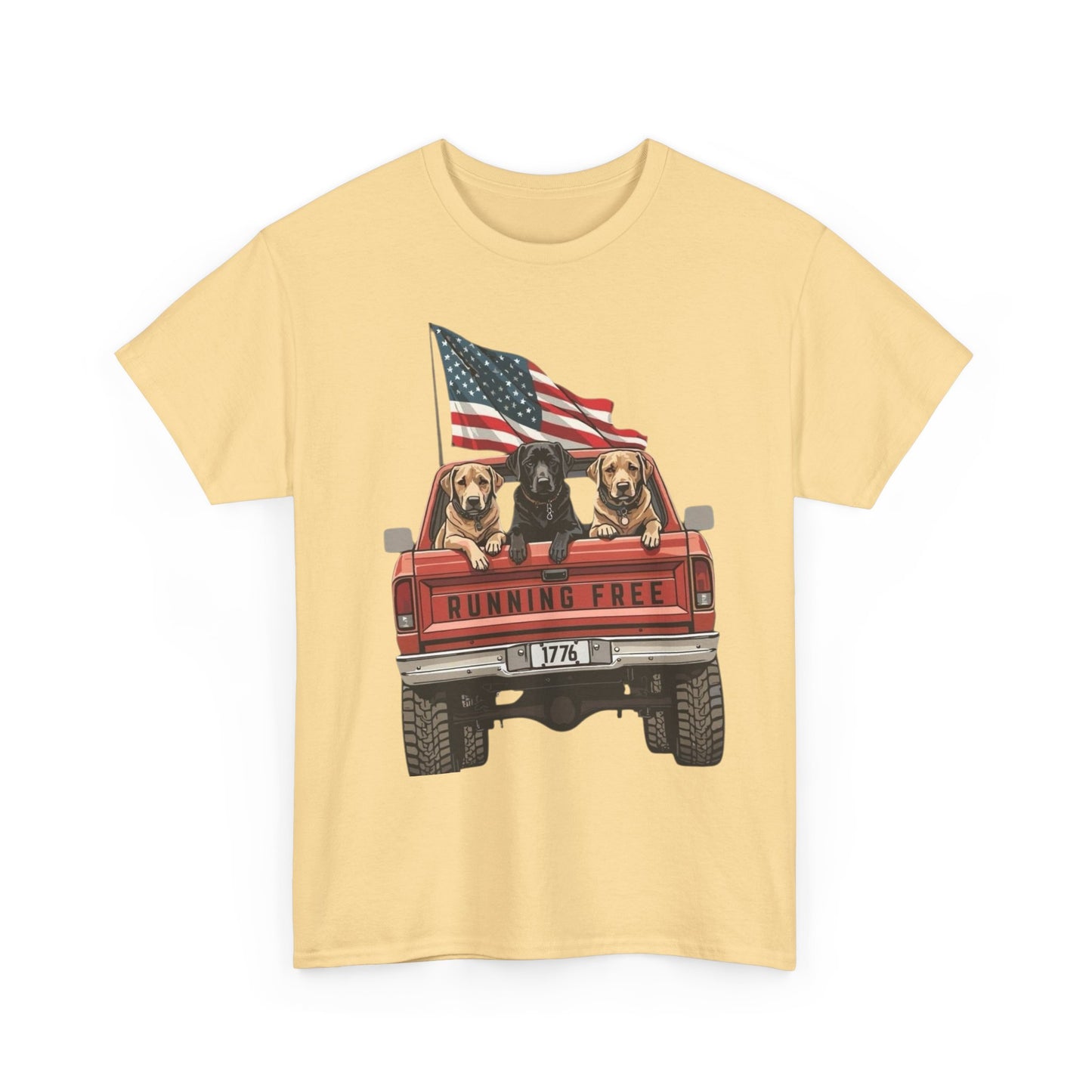 Running Free 1776 USA Dogs In Pickup Graphic T Shirt NEW Unisex Heavy Cotton Tee
