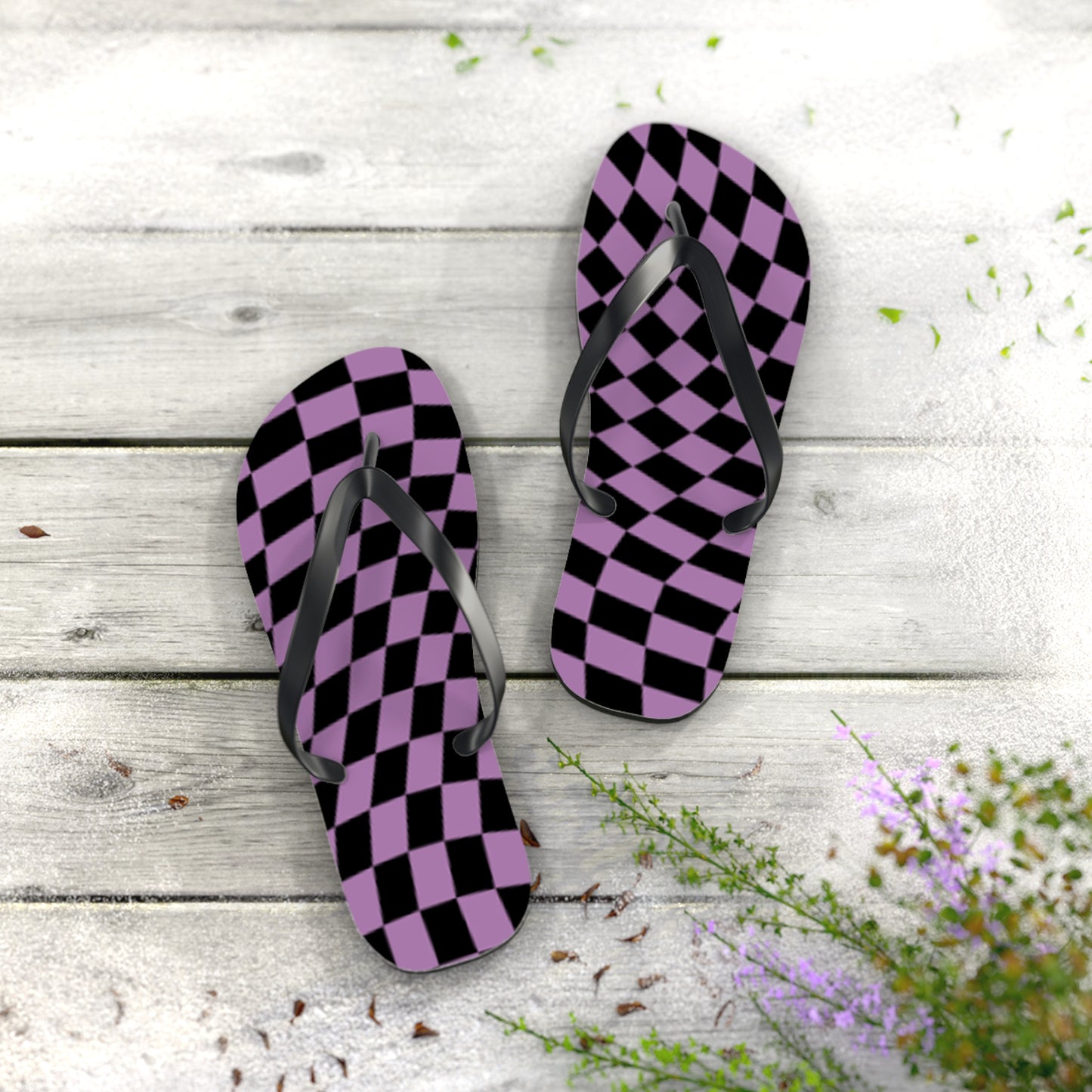 Purple Checkered Sandals, Beach Shoes, Vacation Flip Flops, Pool Slides