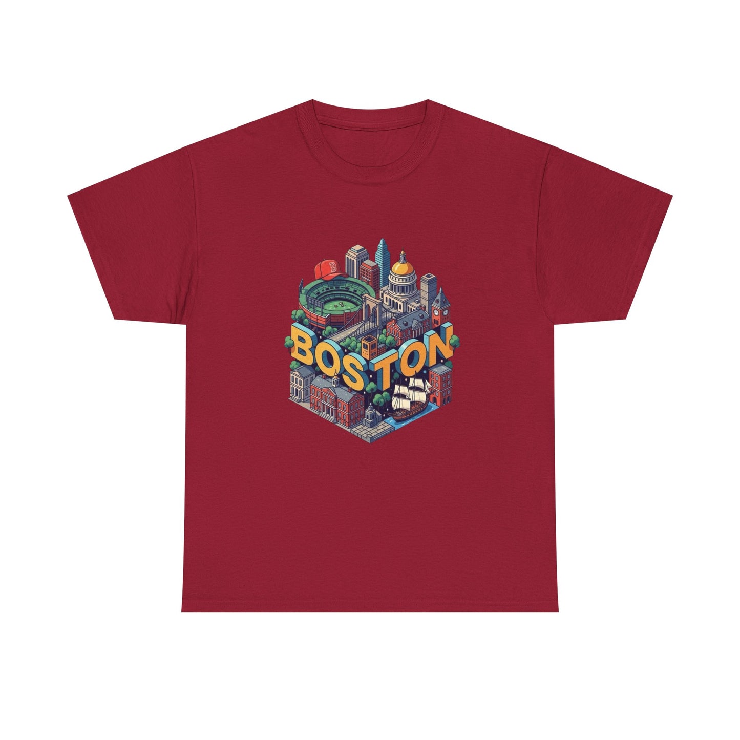 Boston Mass landmarks Retro Graphic T Shirt NEW GIFT Unisex Heavy Cotton Tee