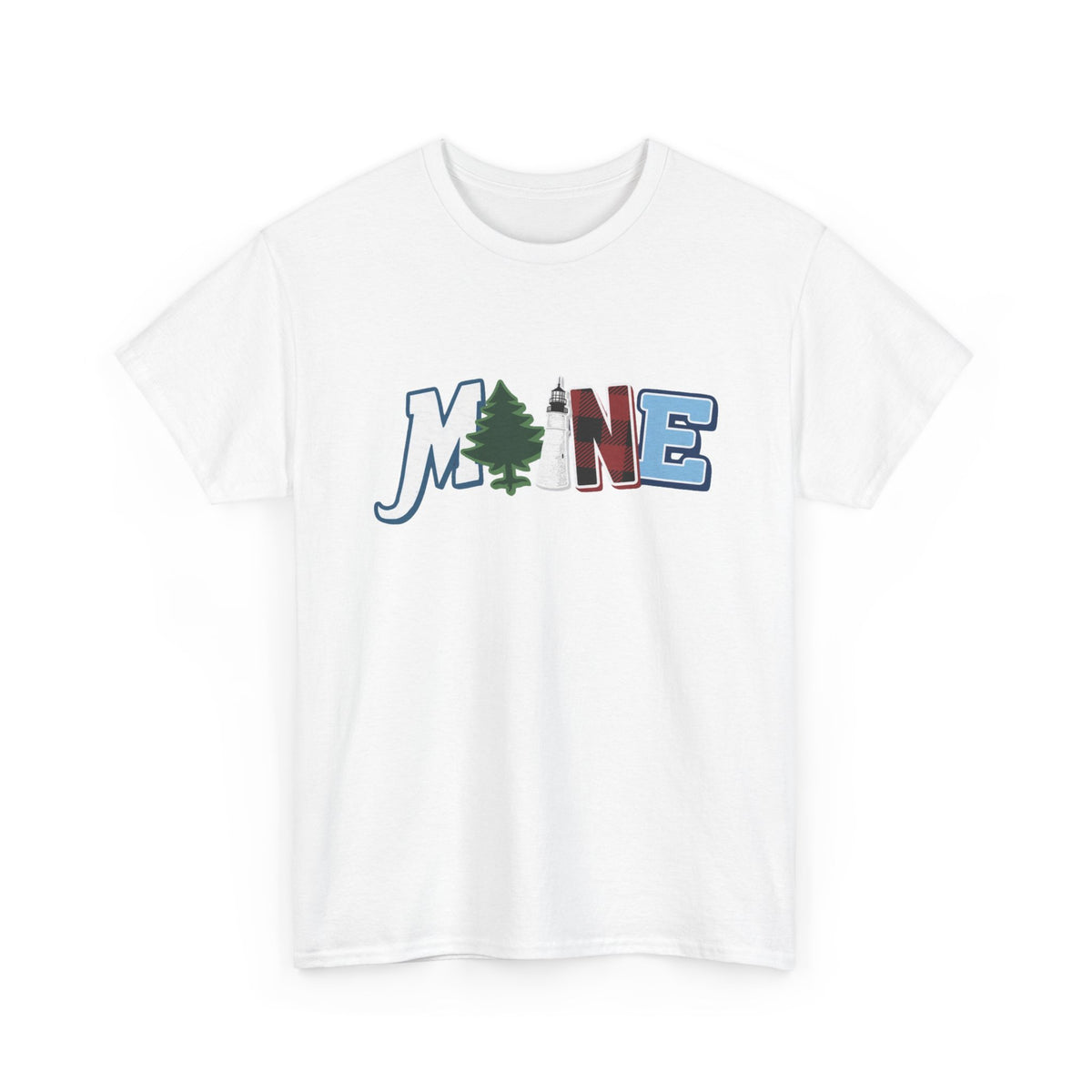 Maine Typography Tee | State Outline, Pine Tree, Lighthouse Men's Graphic T Shirt