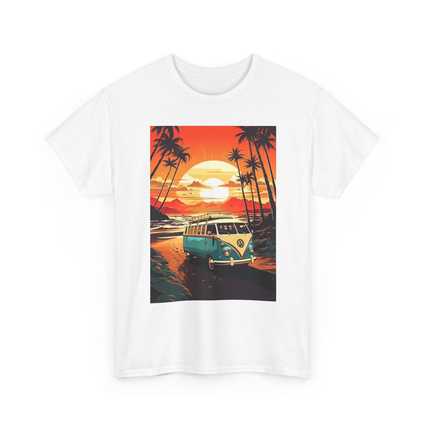 Beach Sunset Graphic T Shirt Surfing Bus Retro Unisex Heavy Cotton Tee