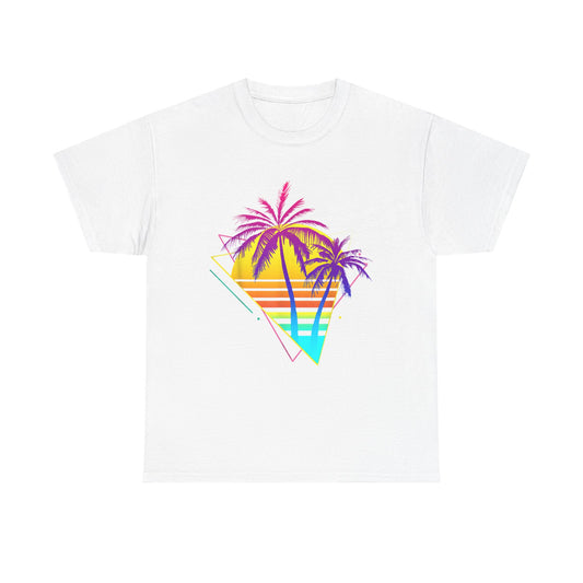 Miami palm Tree T Shirt Retro 80s Vibes Neon Lights Unisex Heavy Cotton Tee
