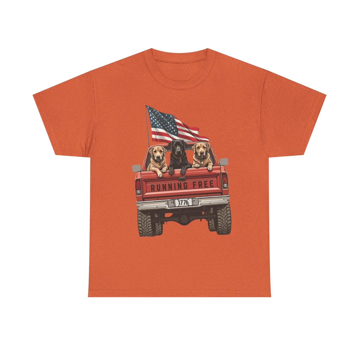 Running Free 1776 USA Dogs In Pickup Graphic T Shirt NEW Unisex Heavy Cotton Tee