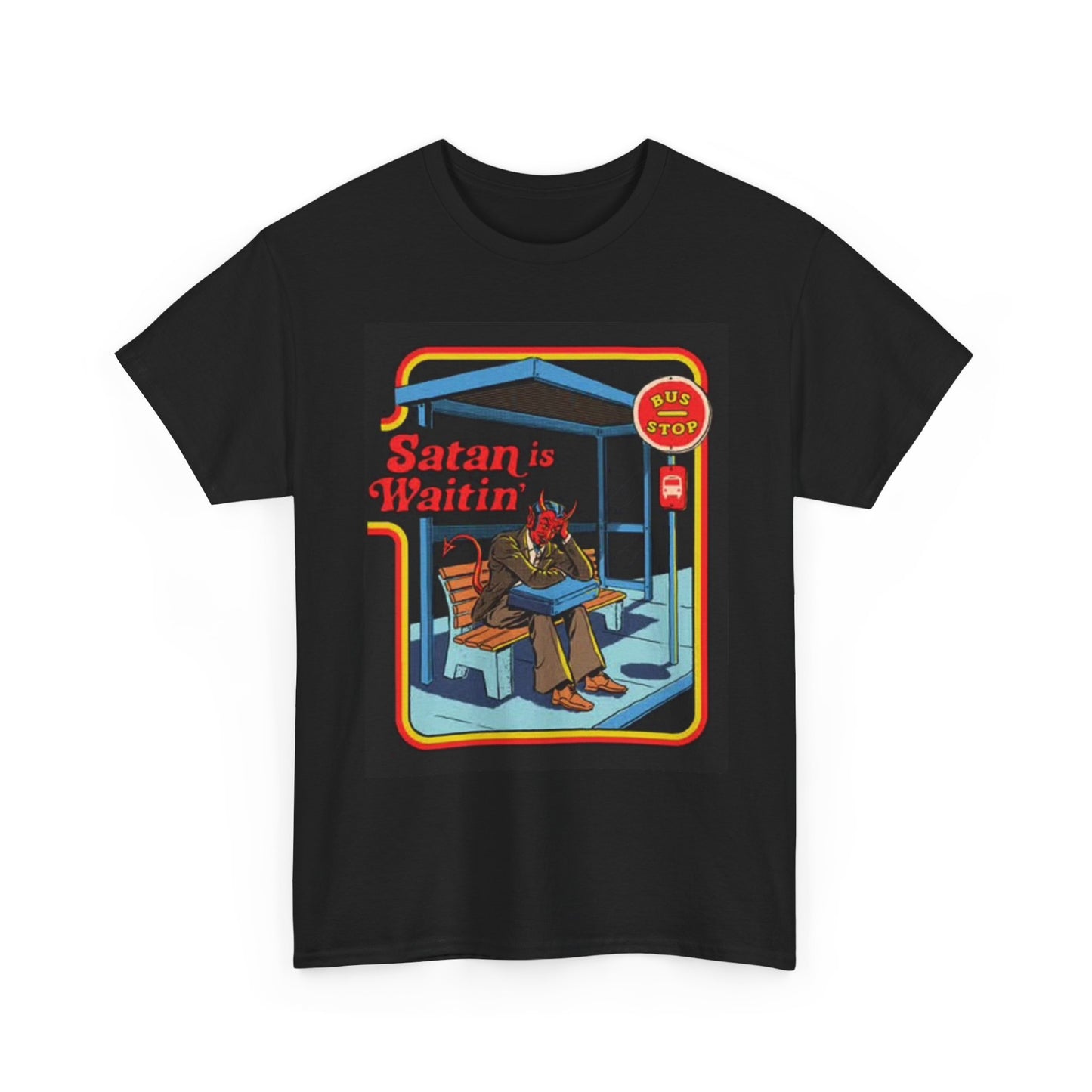 Satan Is Waiting Graphic T Shirt Funny ART Vintage 70s Unisex Heavy Cotton Tee