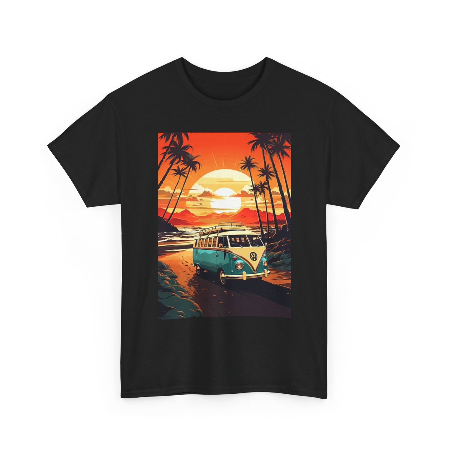 Beach Sunset Graphic T Shirt Surfing Bus Retro Unisex Heavy Cotton Tee