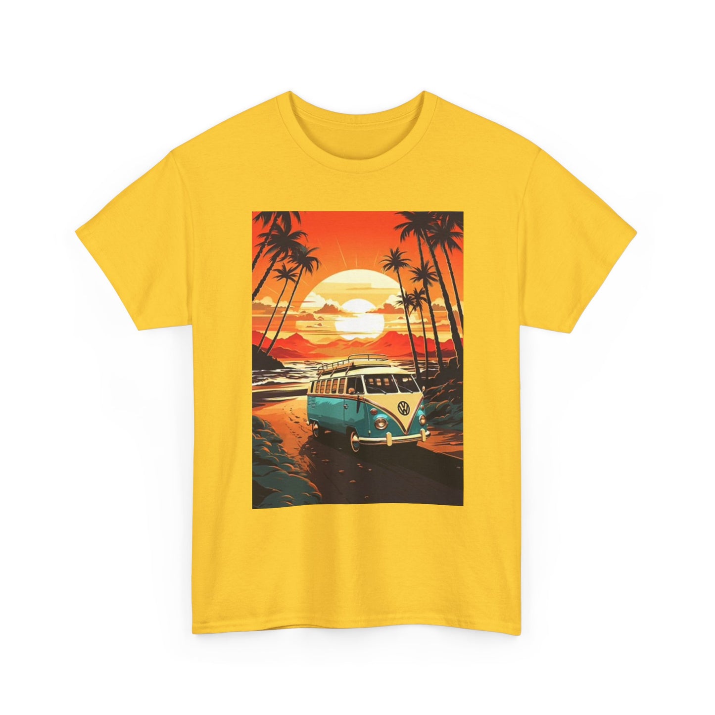 Beach Sunset Graphic T Shirt Surfing Bus Retro Unisex Heavy Cotton Tee
