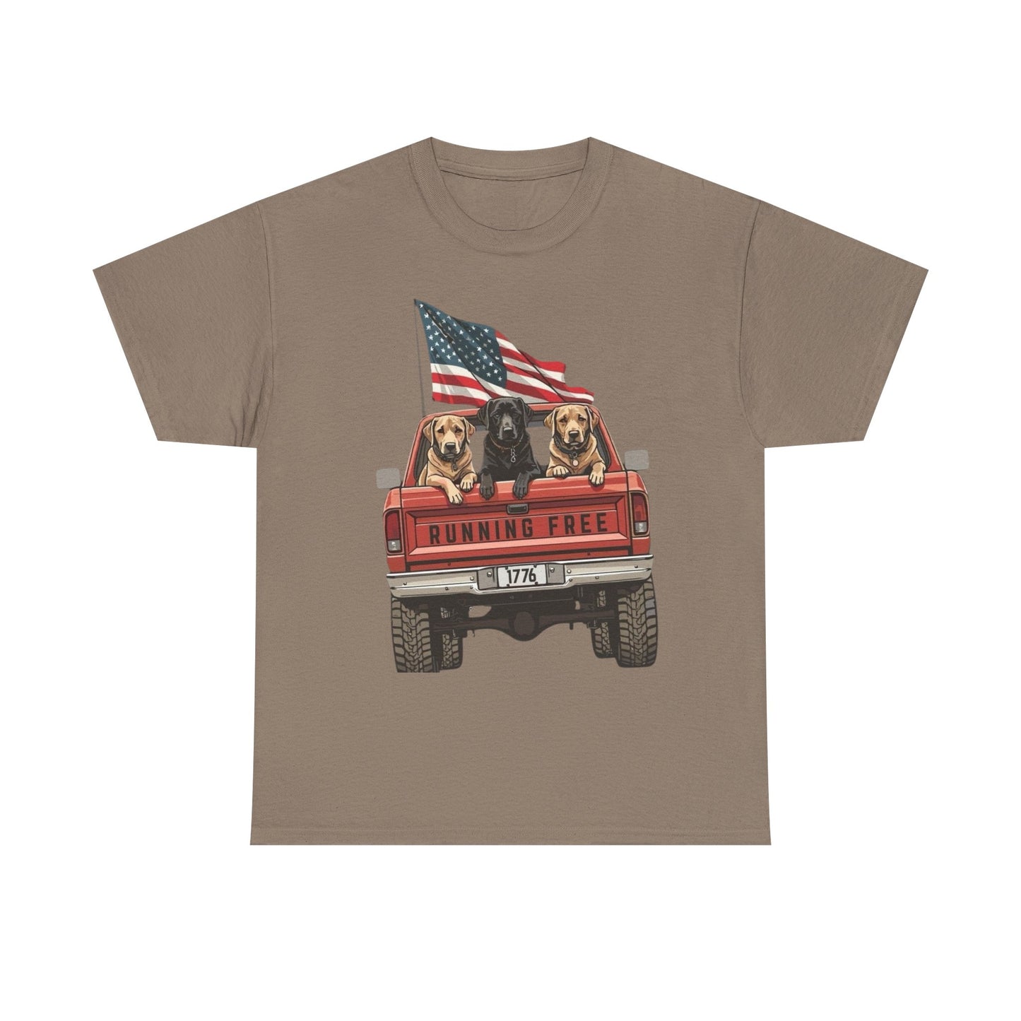 Running Free 1776 USA Dogs In Pickup Graphic T Shirt NEW Unisex Heavy Cotton Tee