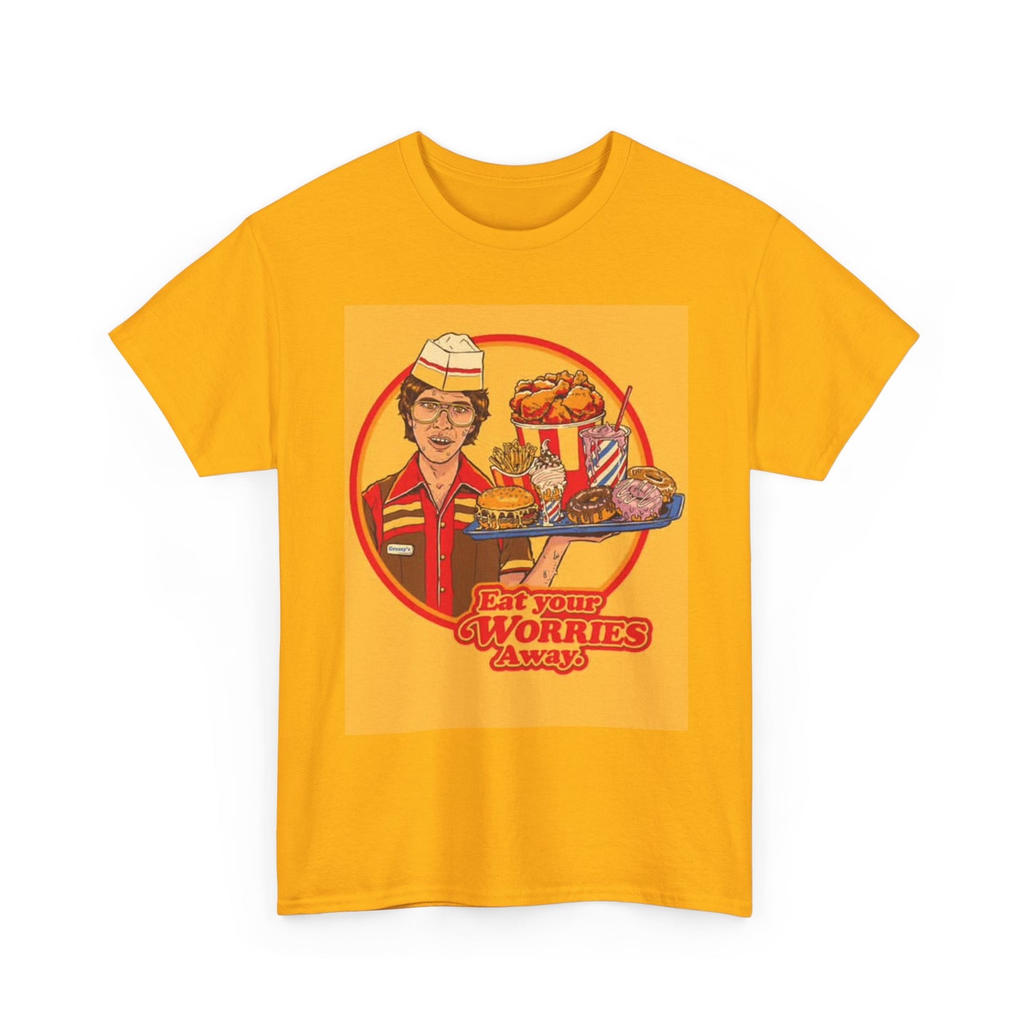 Eat your Worries Tshirt Funny Fast food 80s Commercial Unisex Heavy Cotton Tee