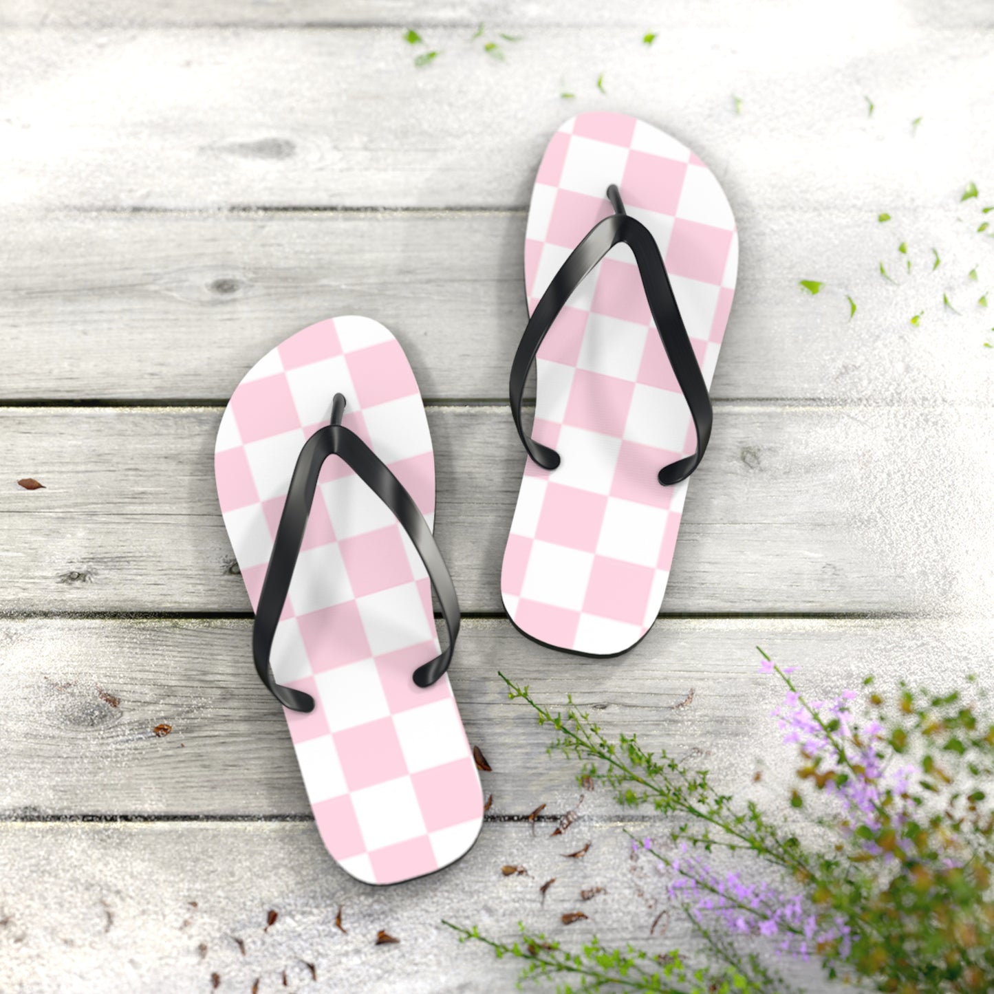 Pink Checkered Sandals, Beach Shoes, Vacation Flip Flops, Pool Slides