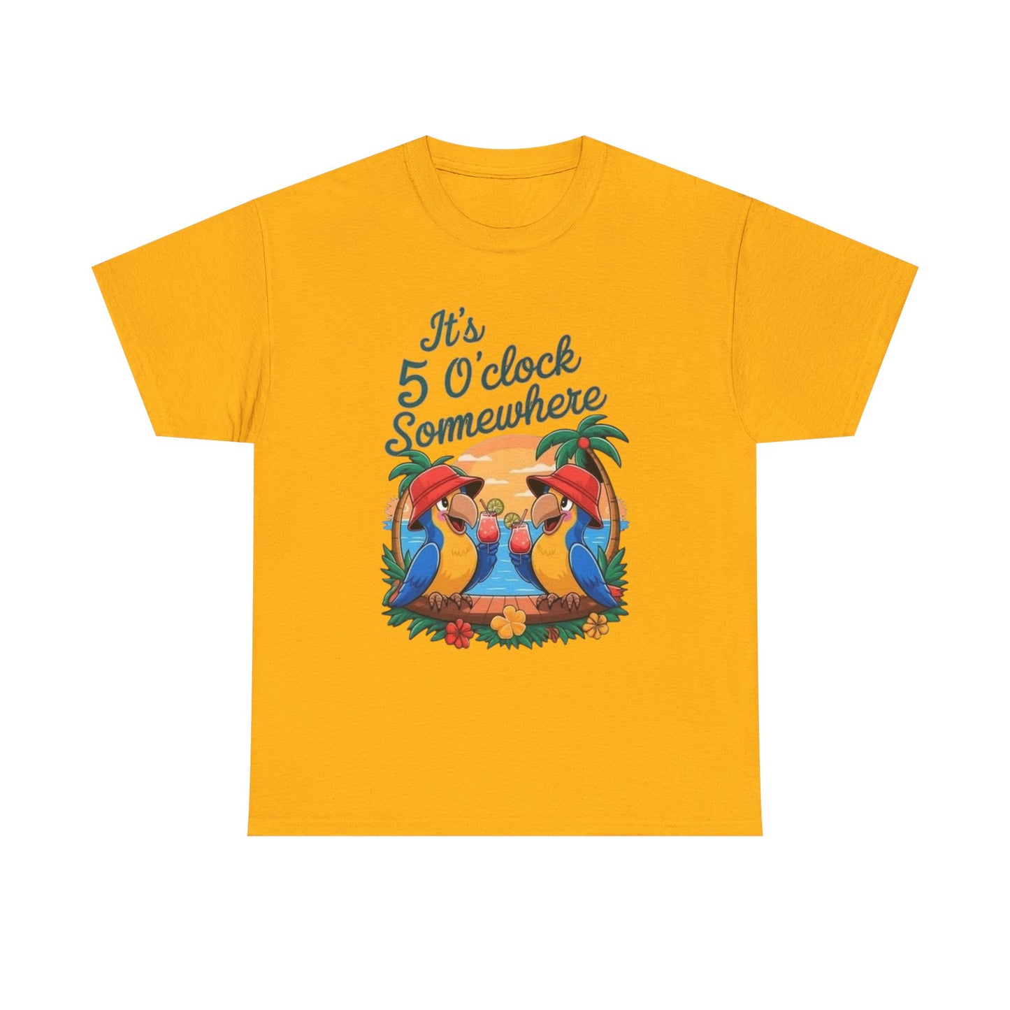 Its Five O'clock Somewhere Parrot Head Graphic T-Shirt Unisex Heavy Cotton Tee