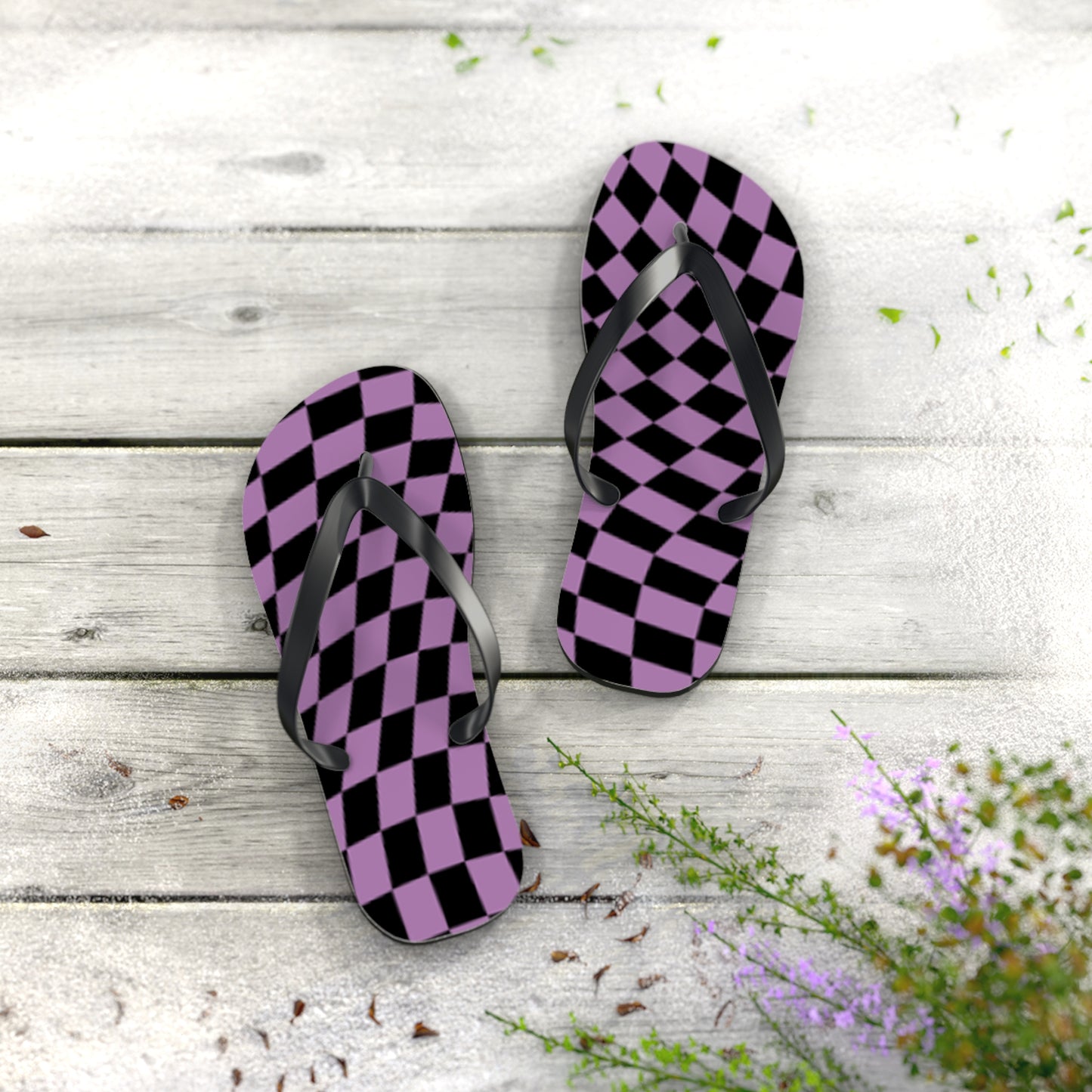 Purple Checkered Sandals, Beach Shoes, Vacation Flip Flops, Pool Slides