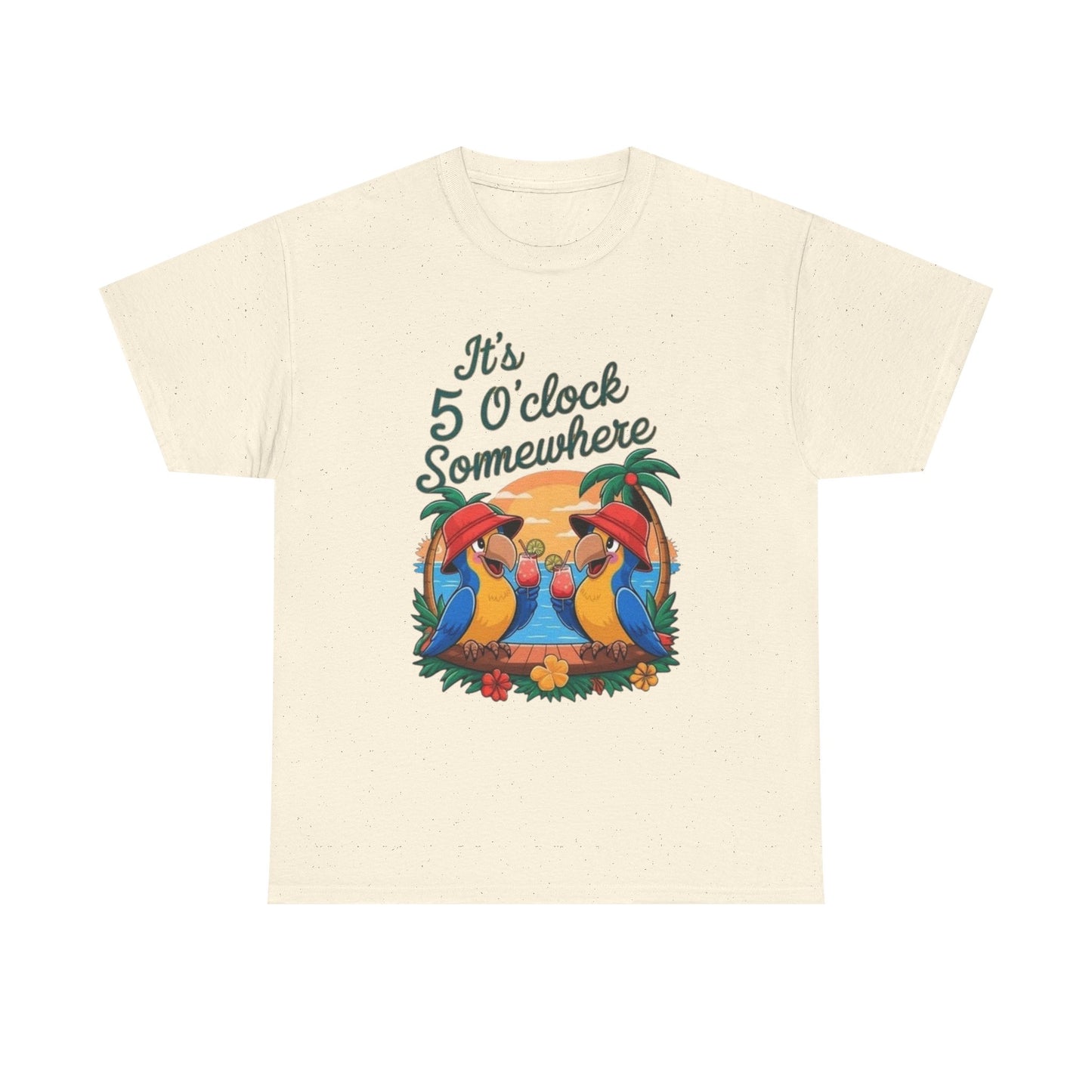 Its Five O'clock Somewhere Parrot Head Graphic T-Shirt Unisex Heavy Cotton Tee