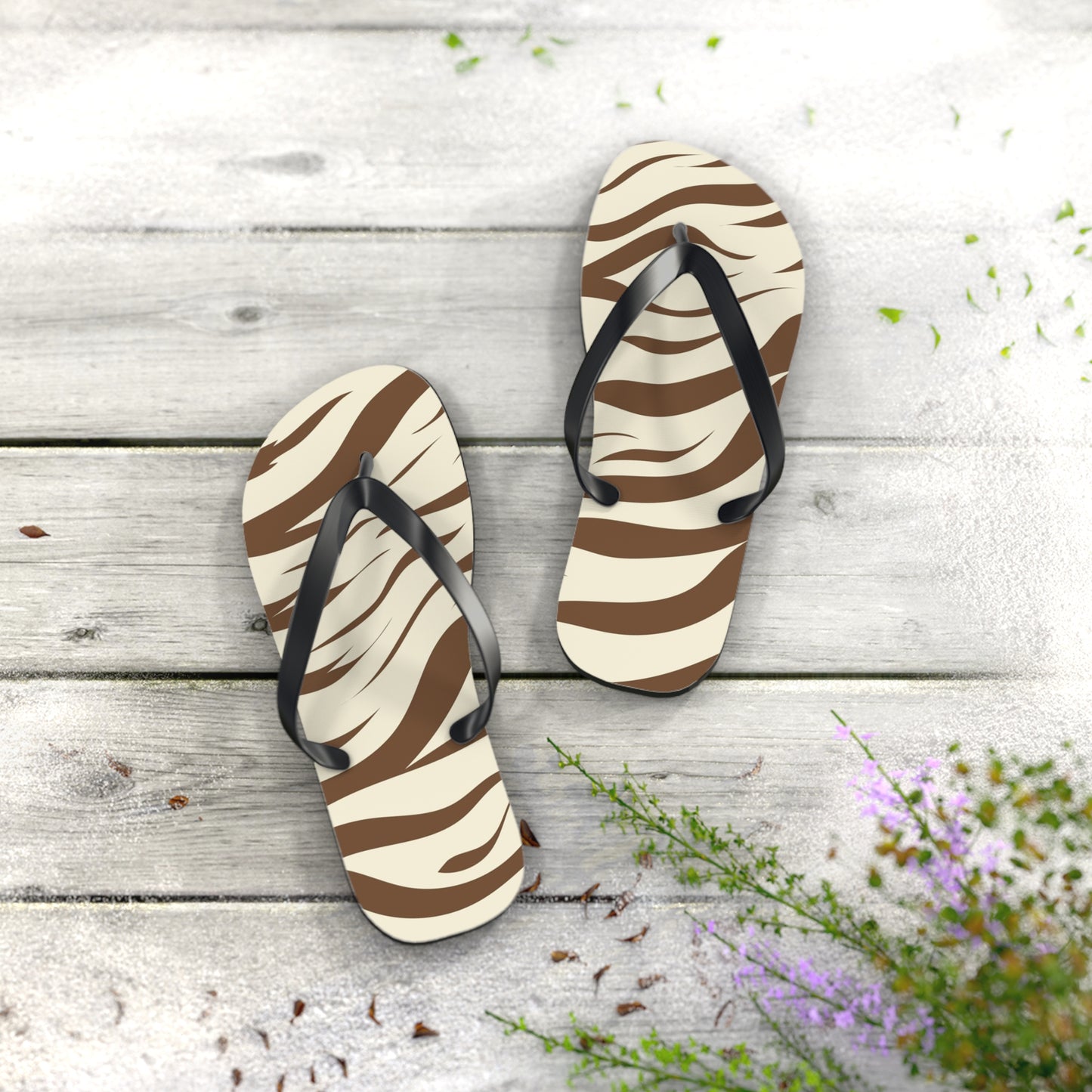 Brown Zebra Print Beach Sandals, Slides for Summer, Flip Flops, Water Resistant