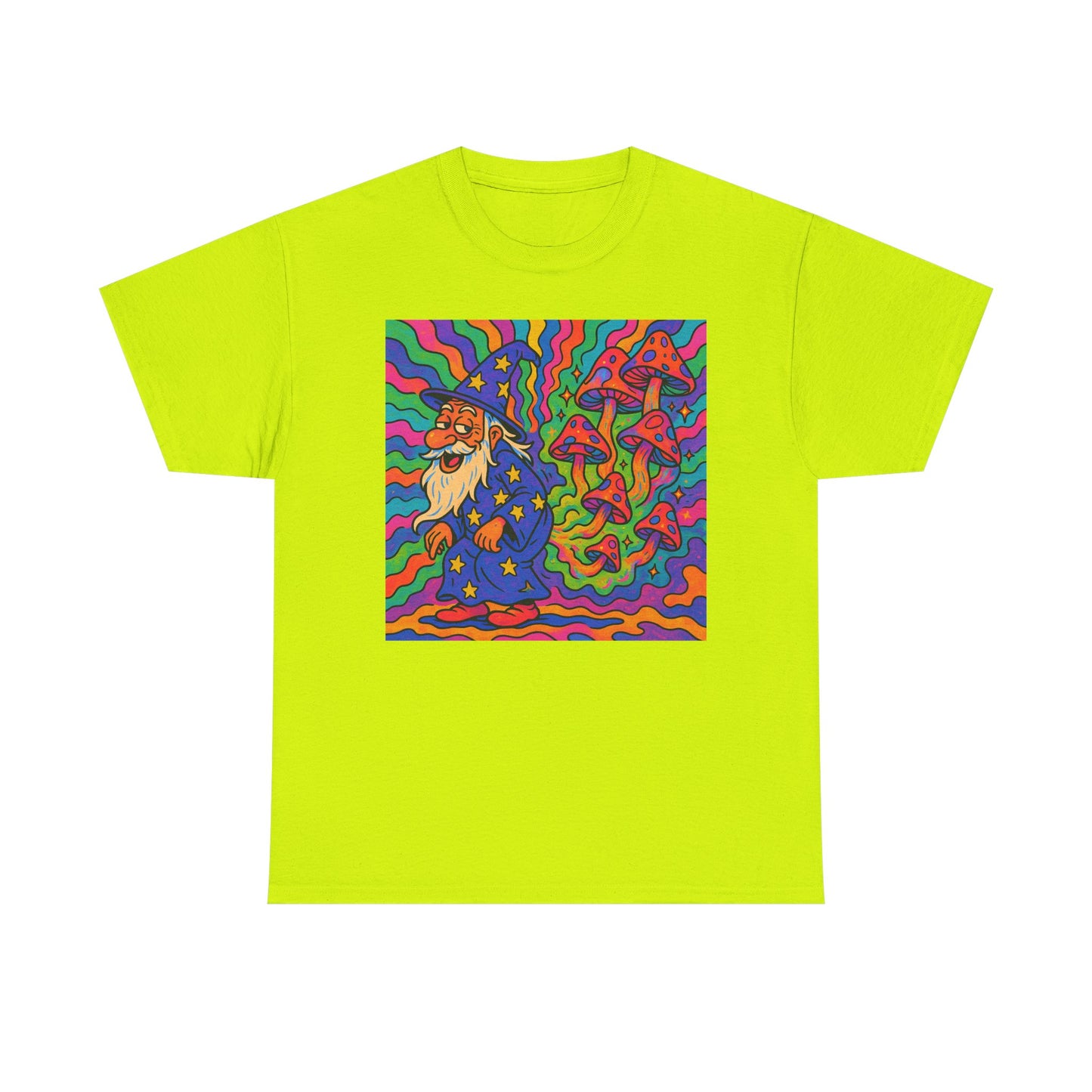 Wizard With Trippy Mushrooms Funny Graphic T Shirt Unisex Heavy Cotton Tee