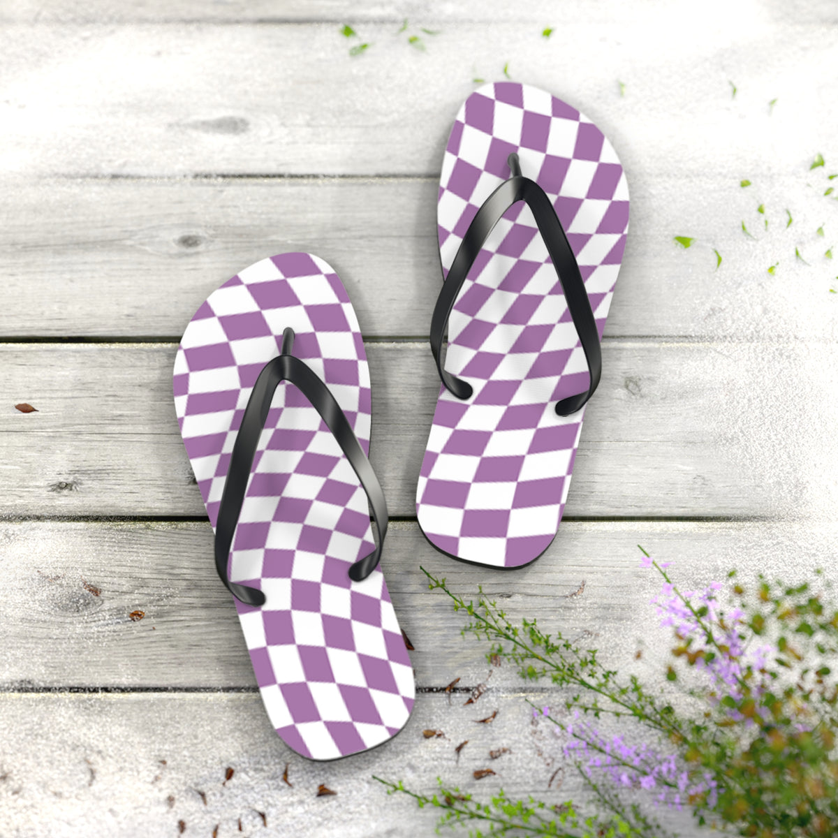 Wavy Checkered Purple Sandals, Beach Shoes, Vacation Flip Flops, Pool Slides