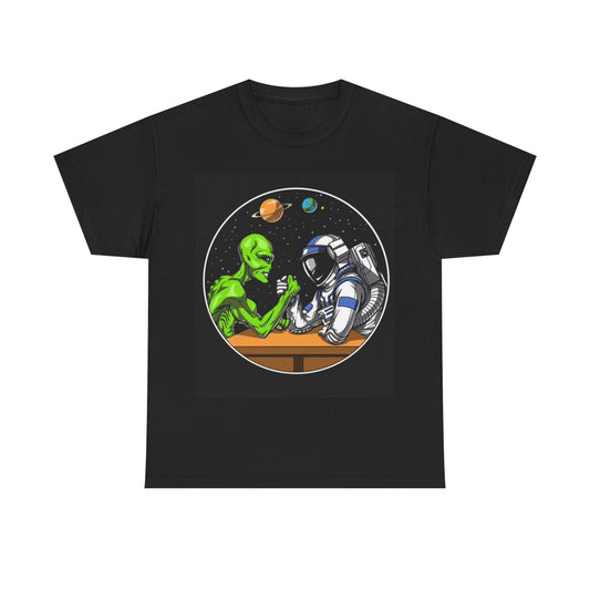Alien Arm Wrestling Tshirt Astronaut Elon Musk Funny Space Unisex Heavy Cotton