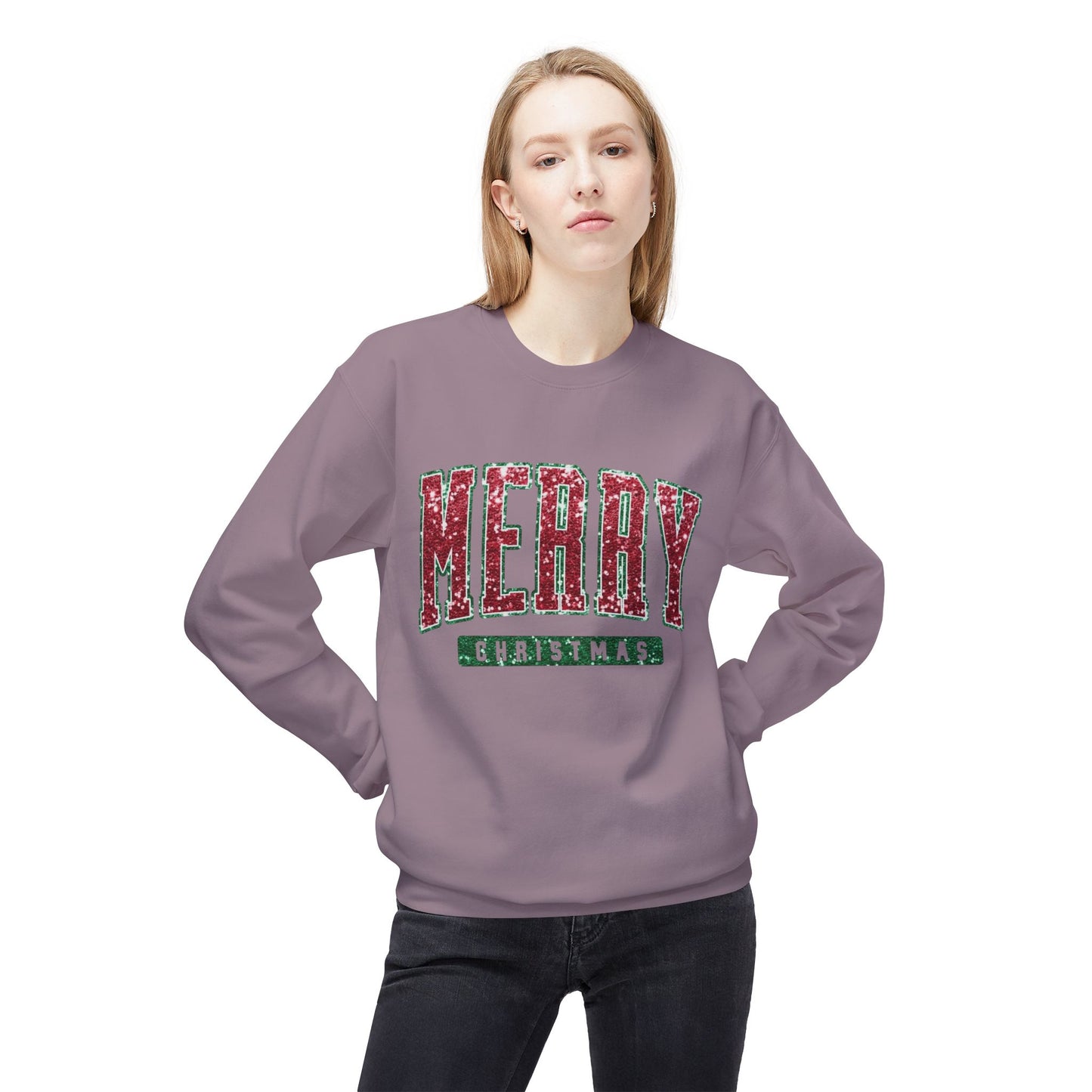 Merry Christmas Glitter Graphic Sweater NEW Unisex Fleece Crewneck Sweatshirt