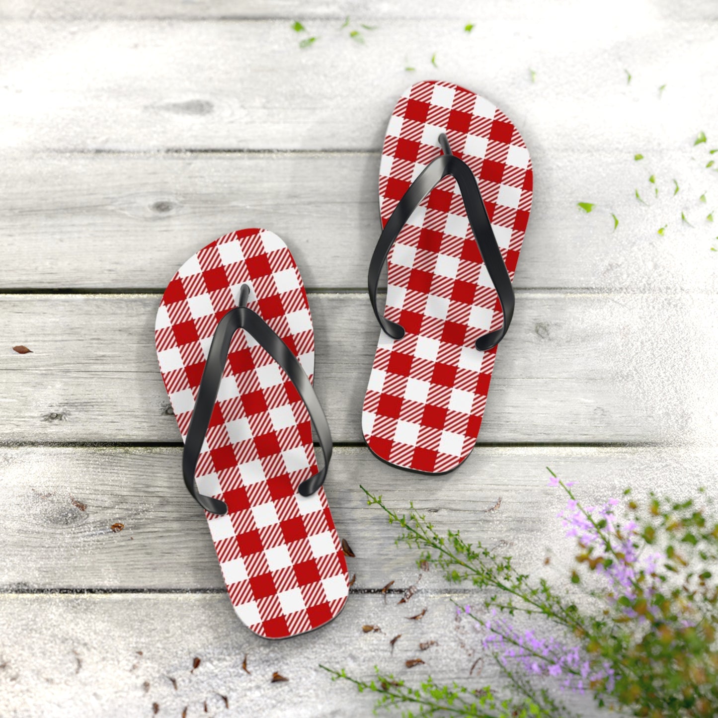 Red And White Checkered Sandals, Beach Shoes, Vacation Flip Flops, Pool Slides