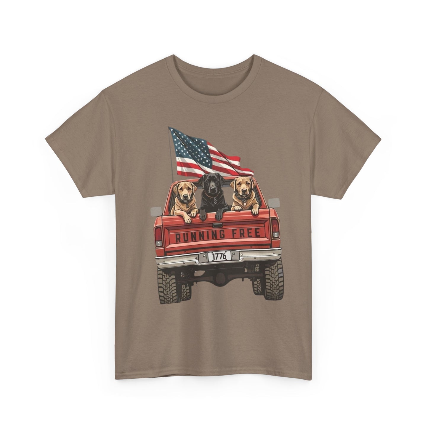 Running Free 1776 USA Dogs In Pickup Graphic T Shirt NEW Unisex Heavy Cotton Tee